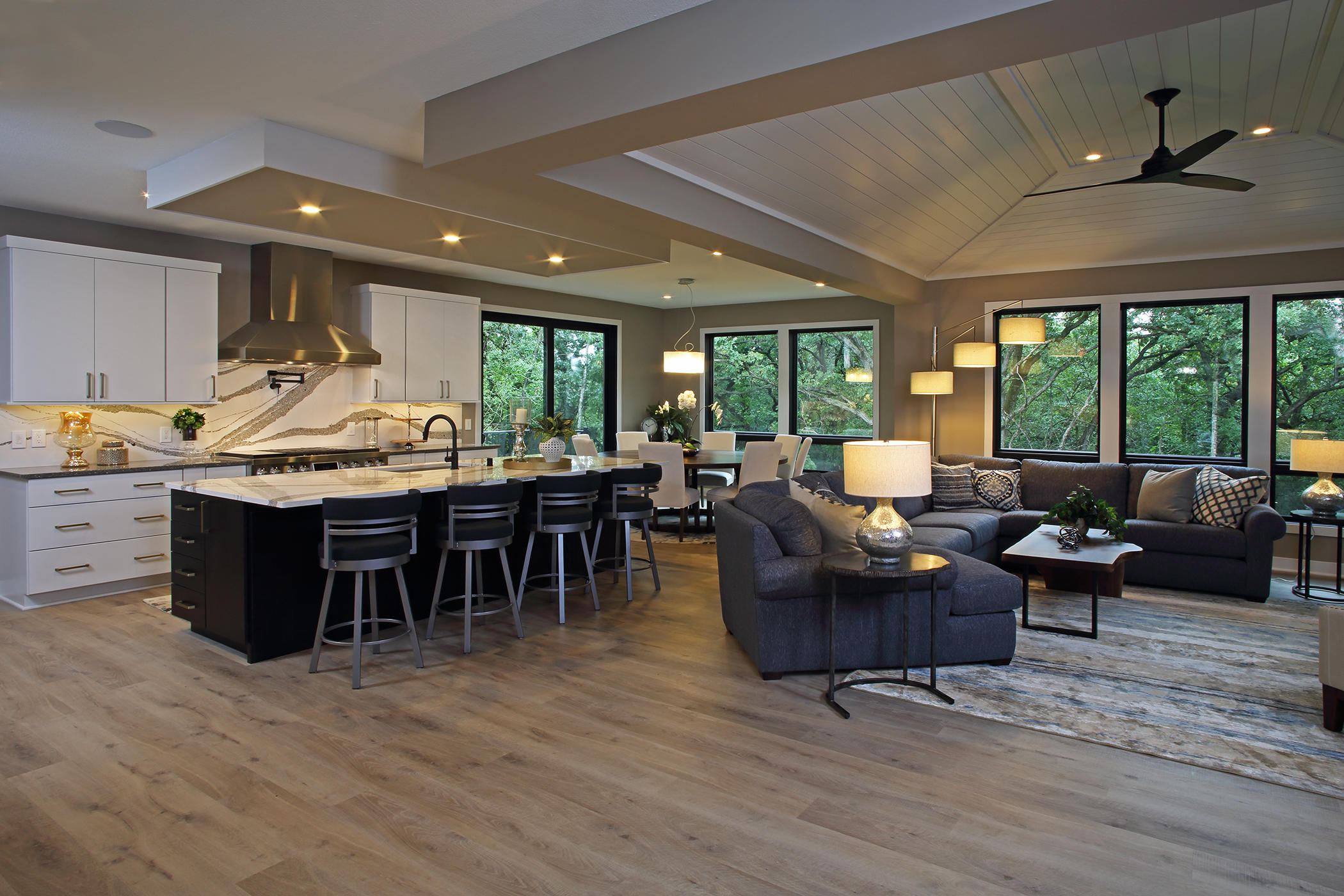 Great room with soffit ceiling