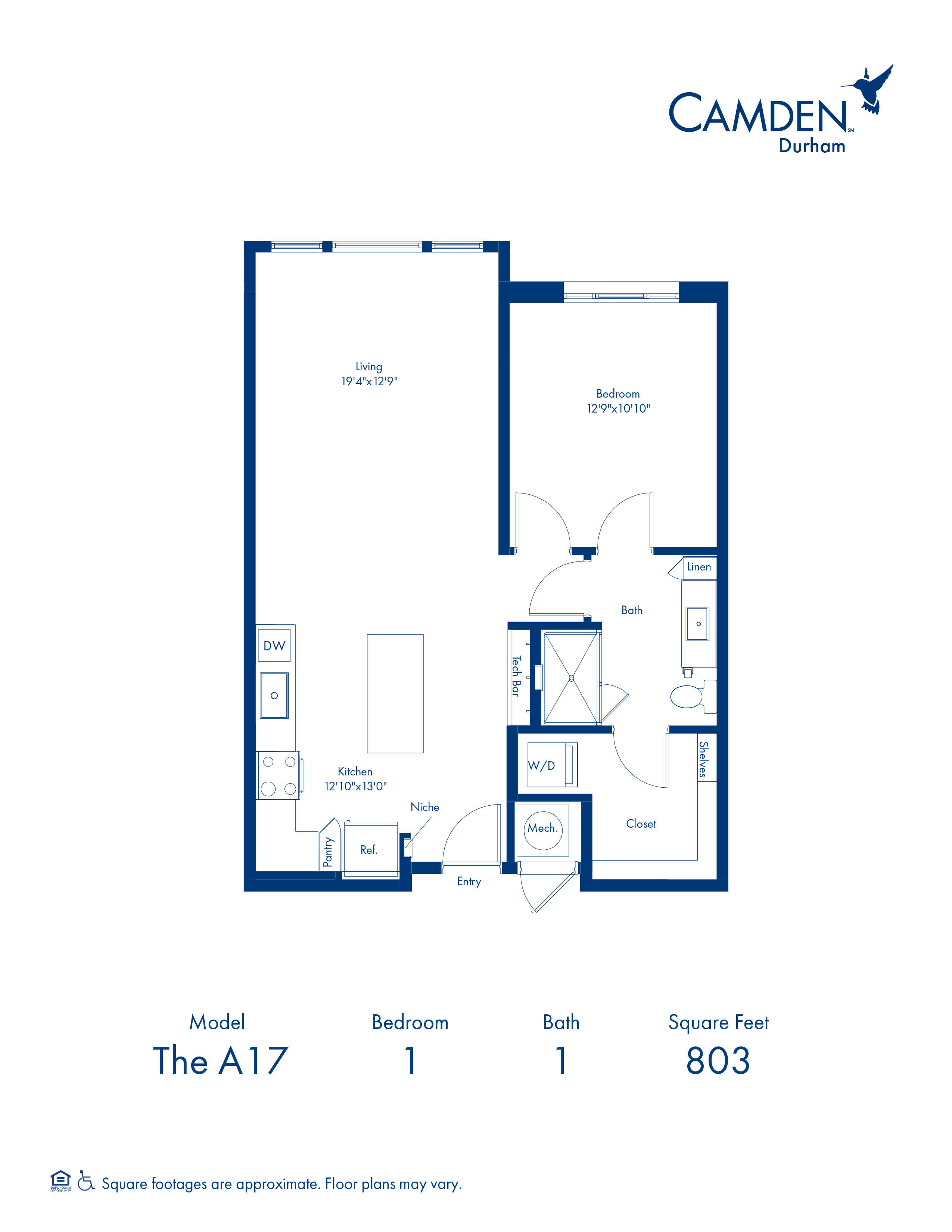 A17 Floor Plan with 1 Bedroom and 1 Bathroom at Camden Durham in Durham, NC