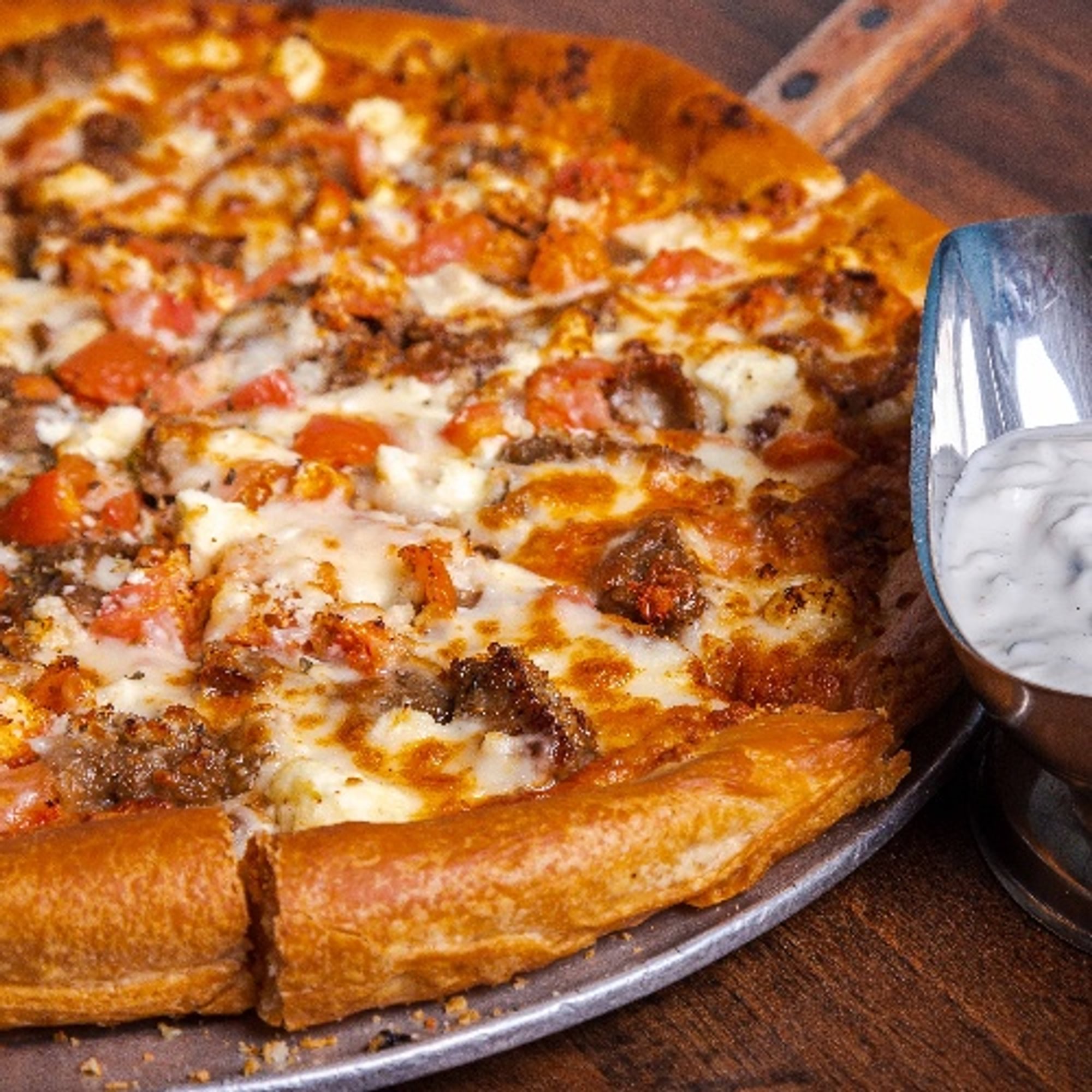 Large Greek Pizza and a Large Greek Salad with a Cup Our Homemade Greek Chicken Lemon Soup