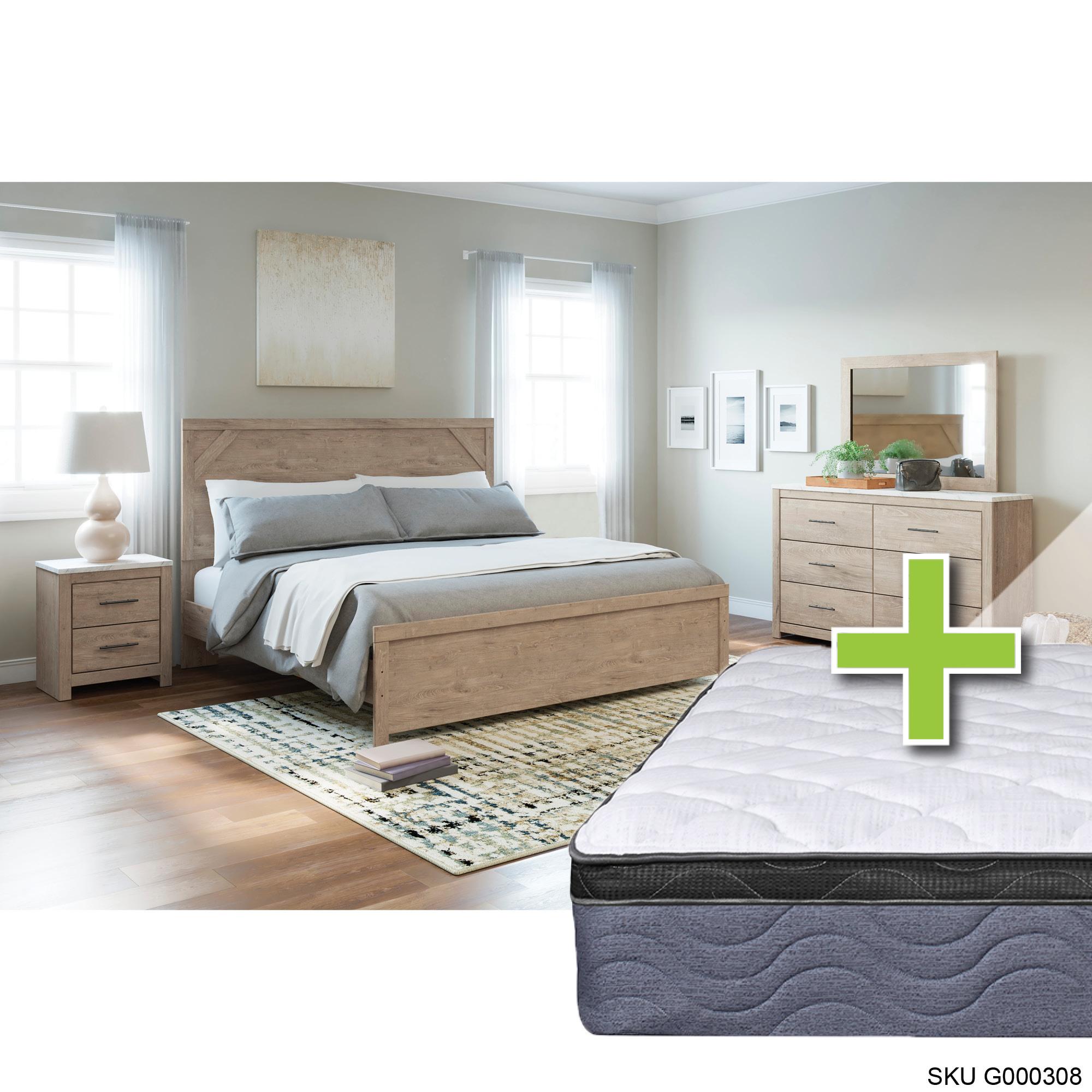Queen Senniberg Bed w/9.5" Tight Top Extra Firm Memory Foam Mattress & Dresser, Mirror, Nightstand