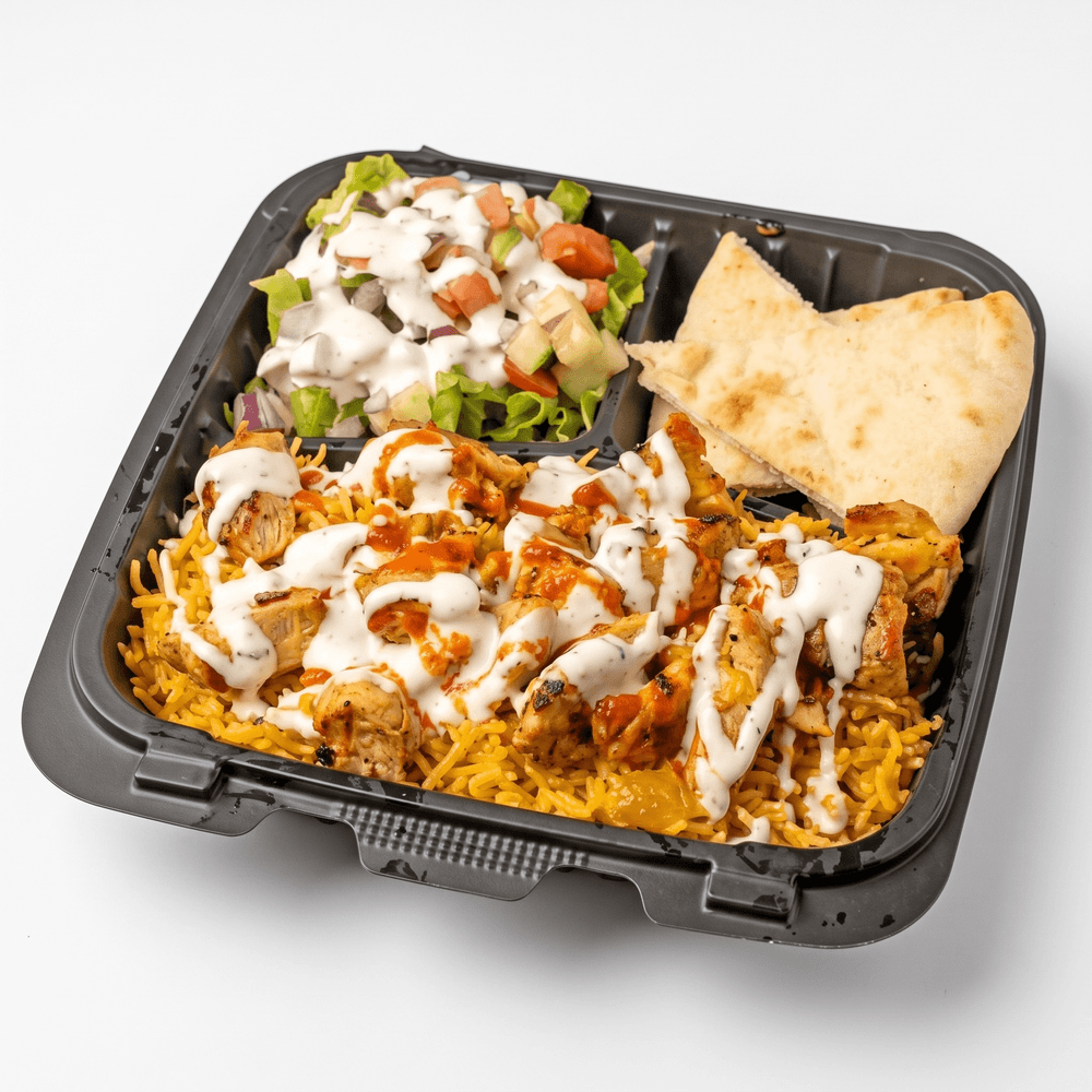 Chicken Over Rice with Salad and Can Soda