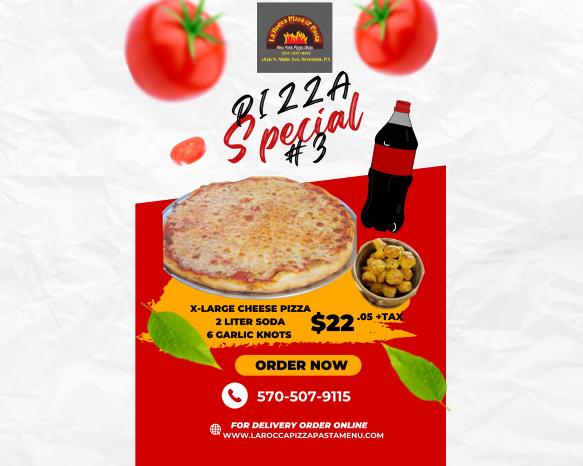 Pizza Special#3. X-Large Cheese Pizza, Order of Garlic Knots & Soda