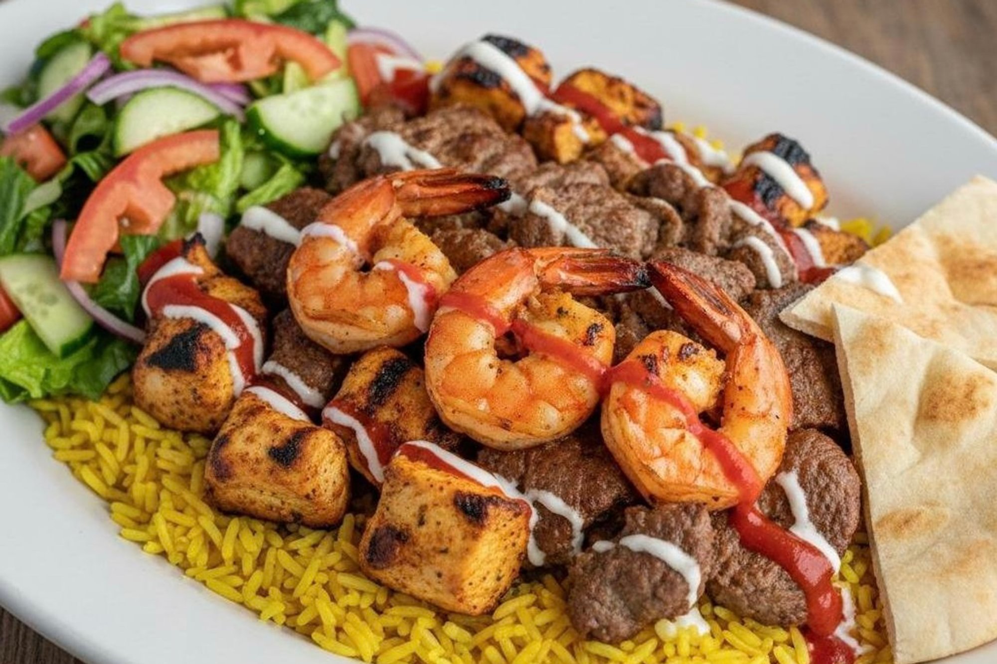 Chicken Lamb & Shrimp Over Rice