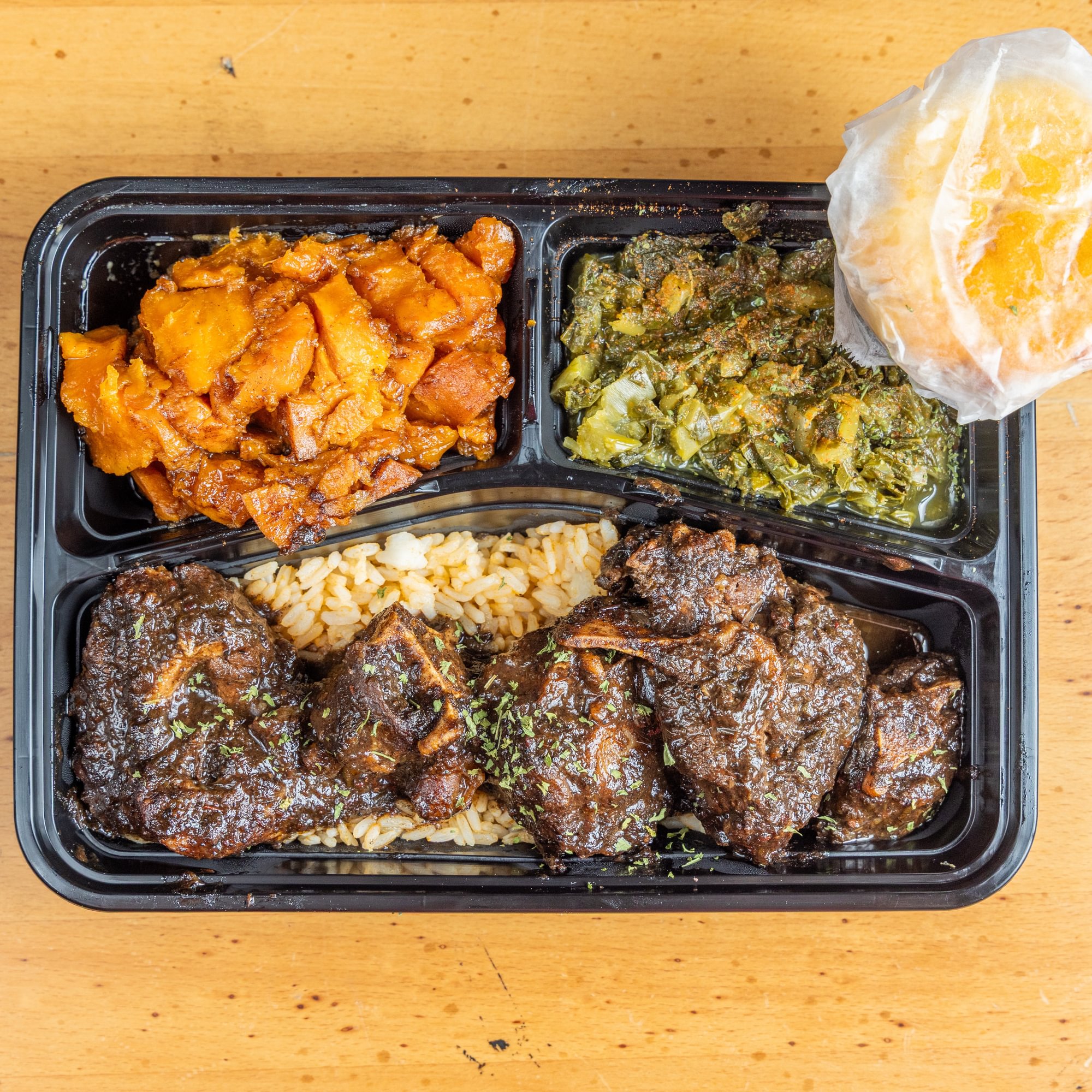 Oxtail Plates W/White Rice, Greens, Yams & Cornbread