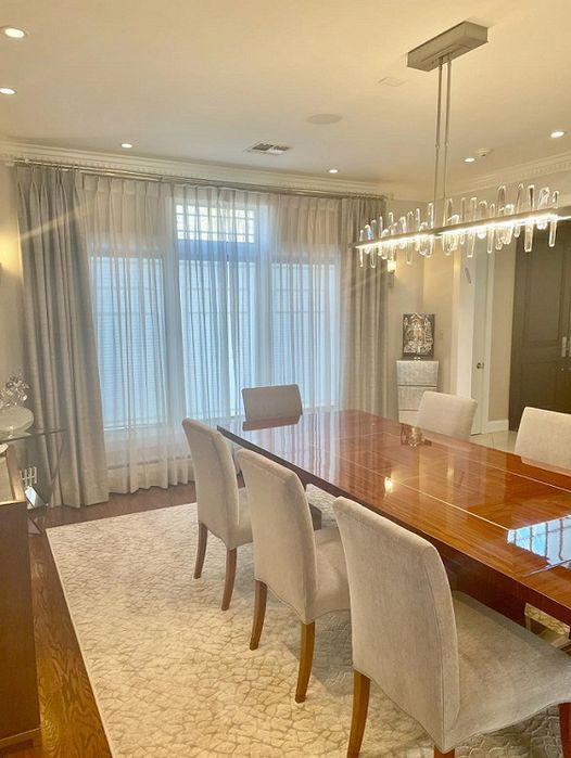 Double track drapery is a gorgeous look for any dining room. This was a fabulous job we worked on with designer Ryan Day.