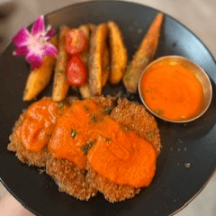 Aubergine Schnitzel with Red Bell Pepper Sauce