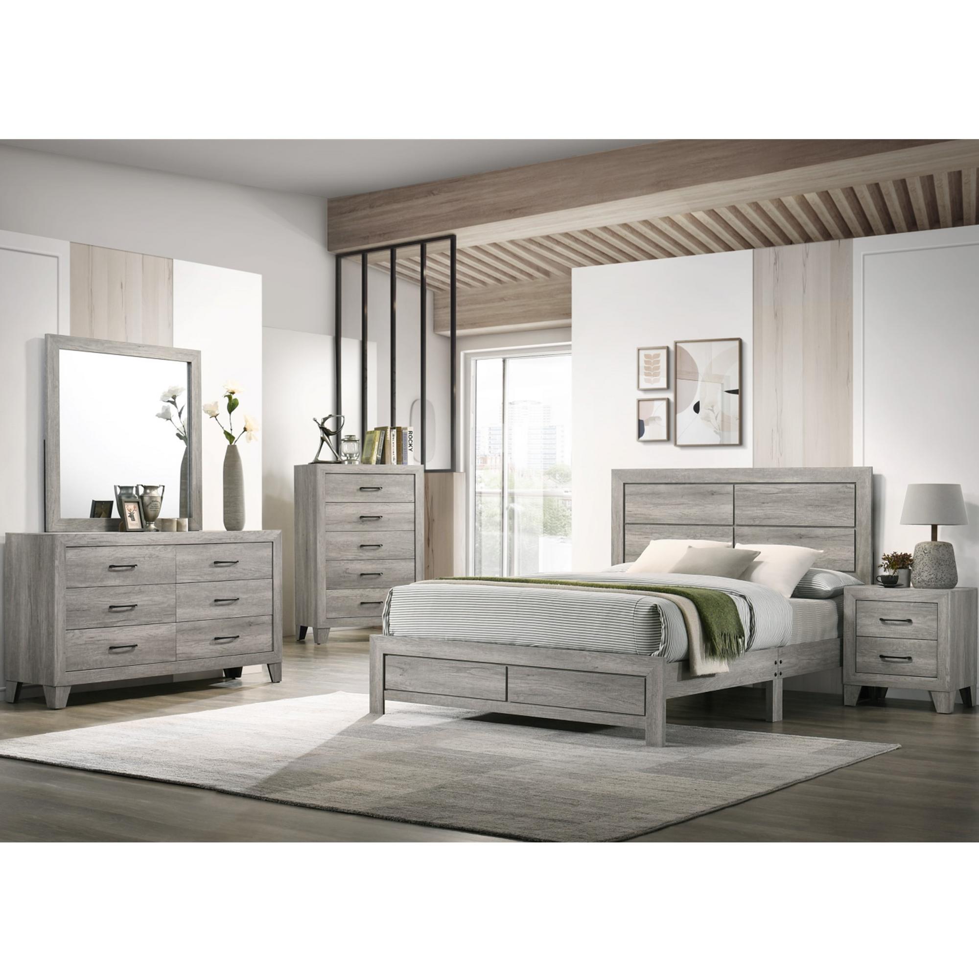 King Hopkins Bed - Gray w/Chest, Dresser, Mirror, Nightstand
