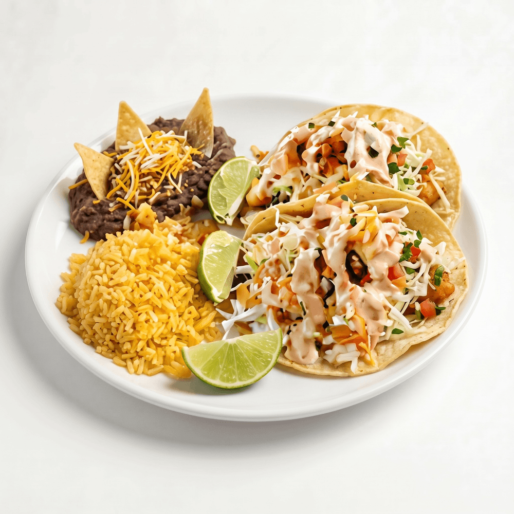 Combo #10 - Two Fish Tacos Served with Rice & Beans