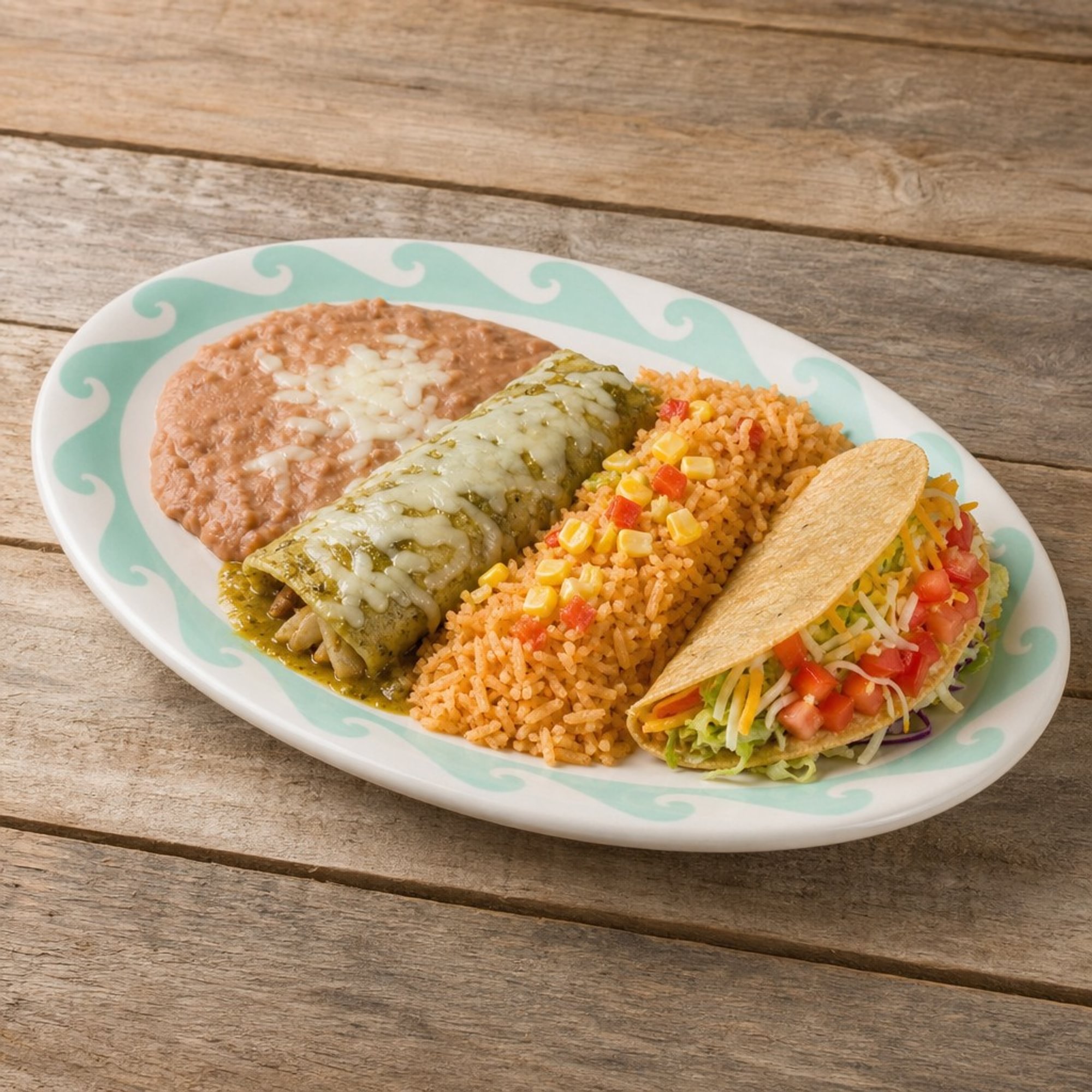Enchilada, Taco, Rice, & Beans
