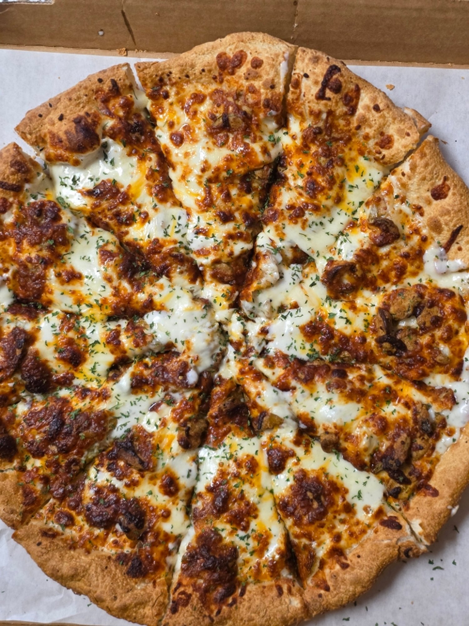 Portland our delicious fried pickle pizza! Ranch or White Garlic base, dill pickle chips dusted &...