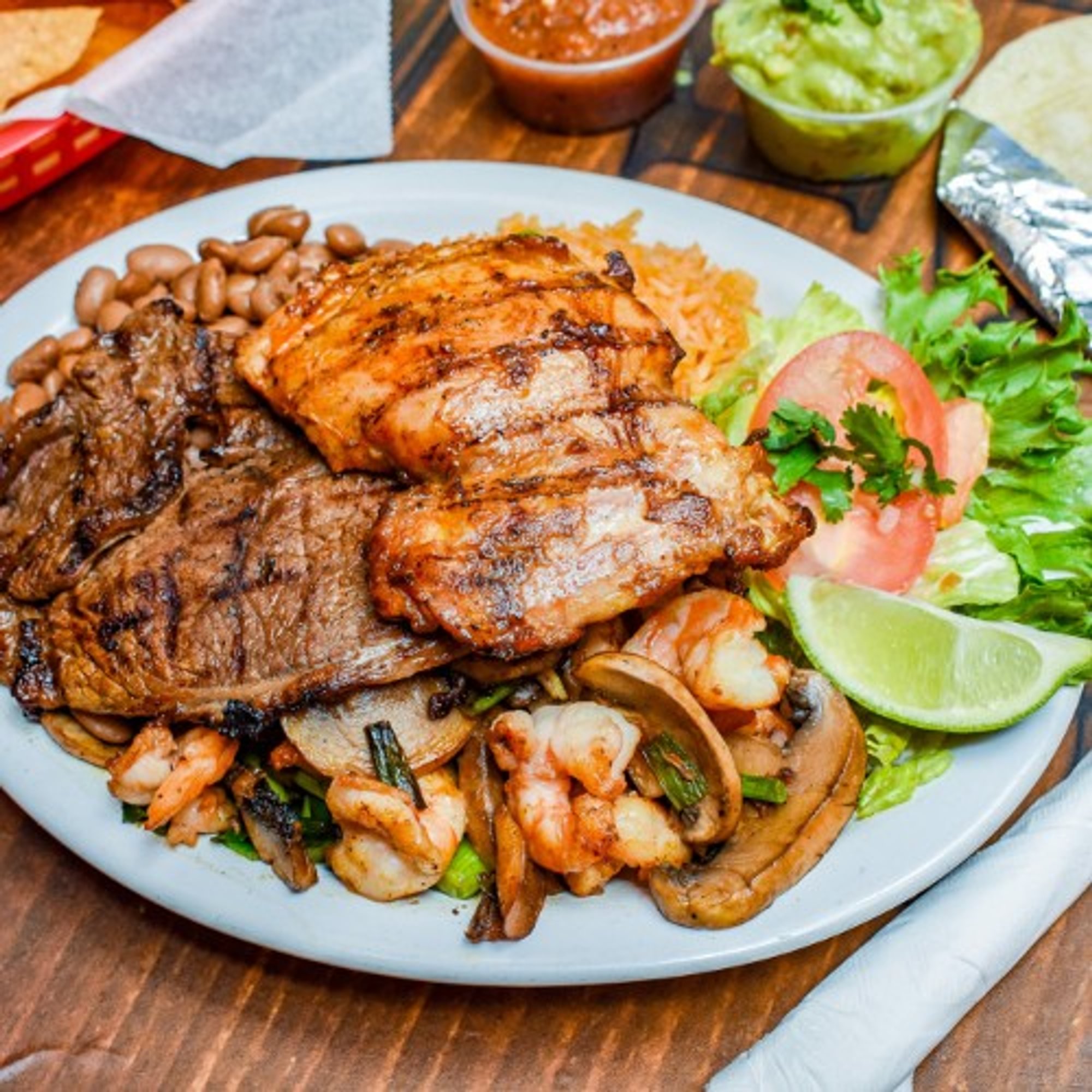 4. Carne Asada, Pollo and Prawns Combo Platter