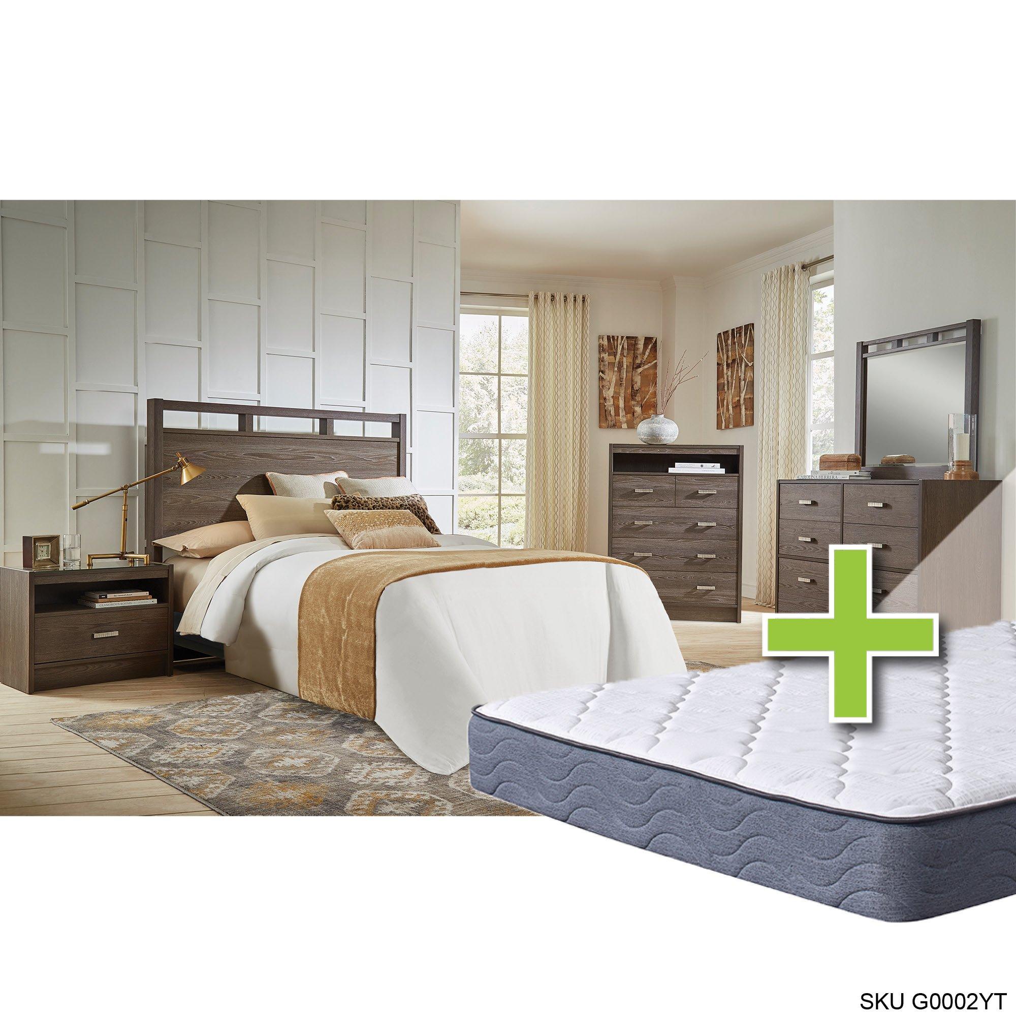 Queen Tobak Bed w/9.5" Tight Top Extra Firm Memory Foam Mattress & Dresser, Mirror, Nightstand