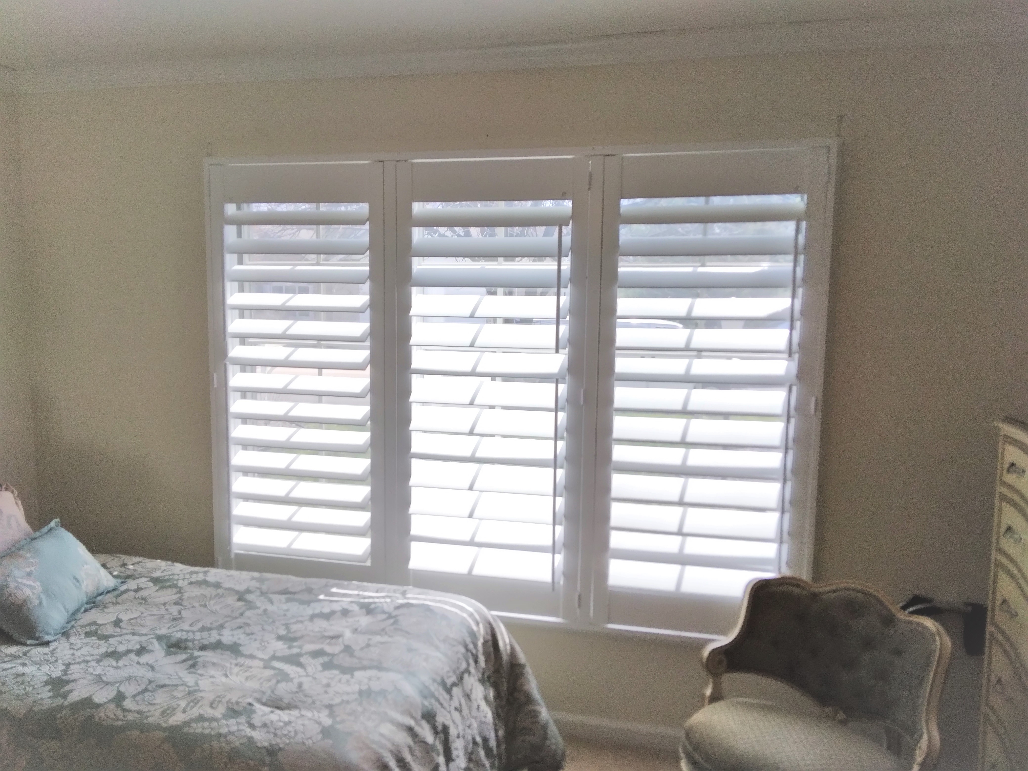 This shutter provides an elegant look to this Springfield Illinois bedroom and allows plenty light in while offering perfect privacy when necessary.  BudgetBlinds  Shutters  PlantationShutters  Blinds  WindowCoverings  SpringfieldIllinois