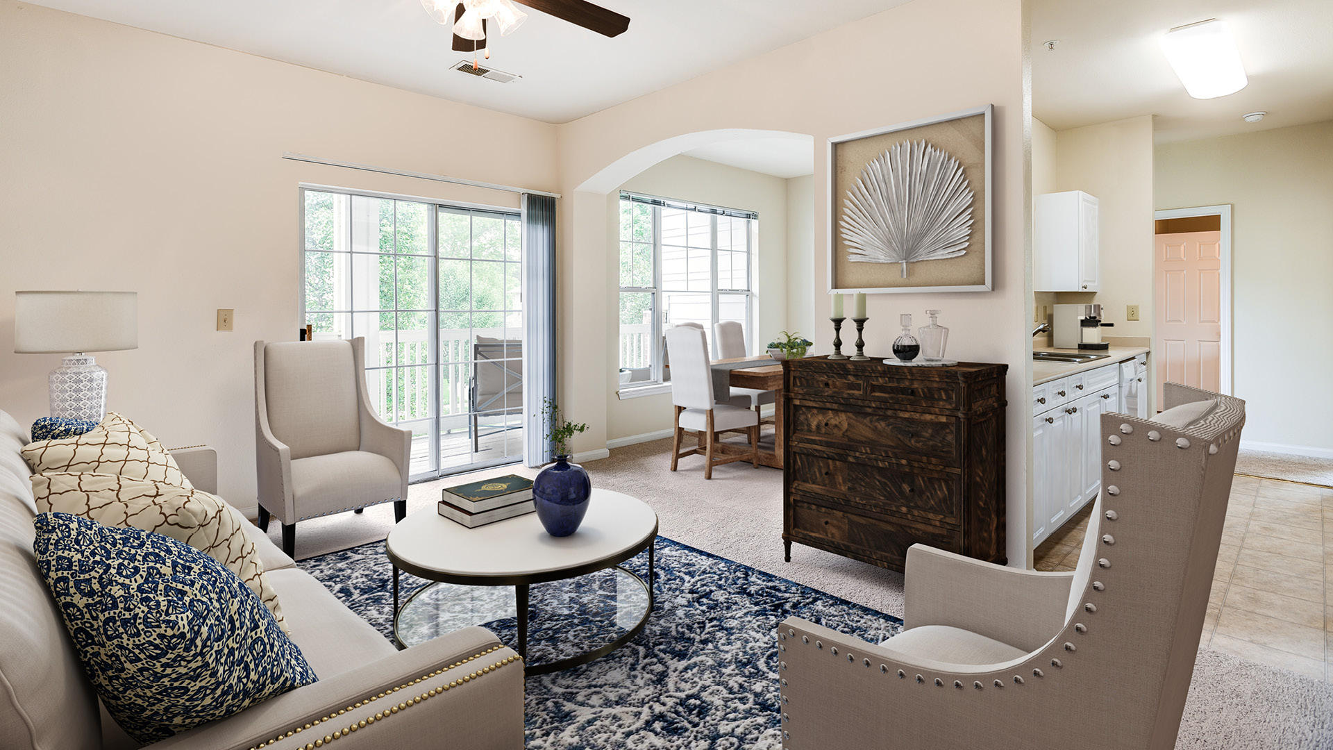 Living and dining room with carpet at Camden Governors Village Apartments in Chapel Hill, NC