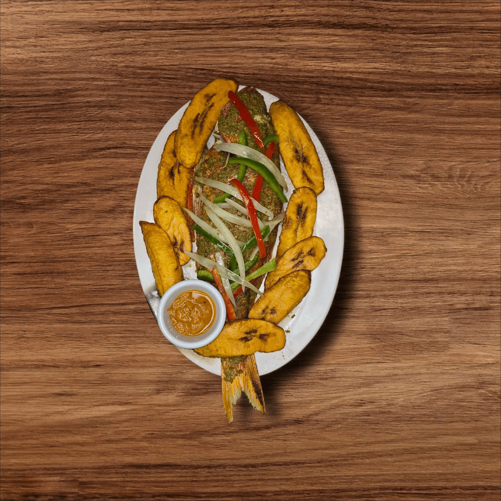 Grilled Fish with Fried Plantains or Jollof Rice