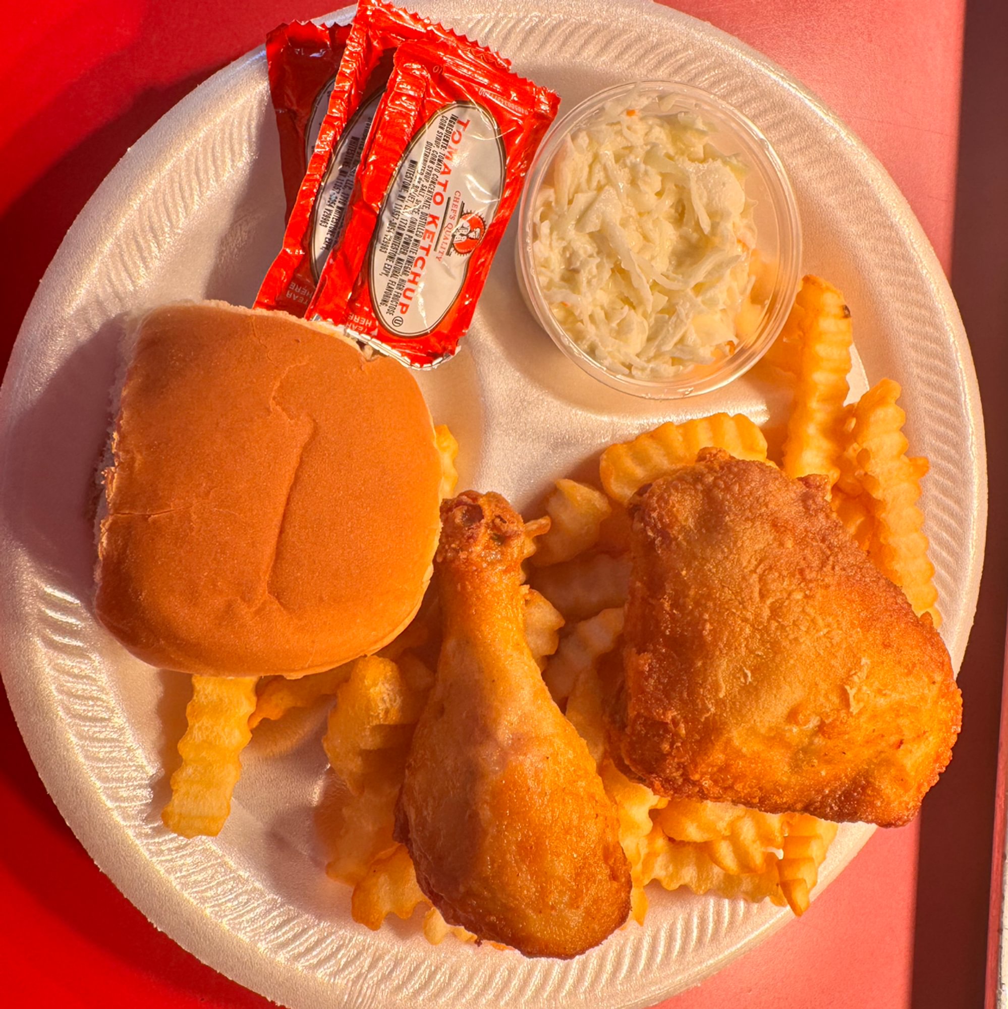 2Pc 1 Thigh, 1 Leg Dinner Includes Fries, Slaw &Roll