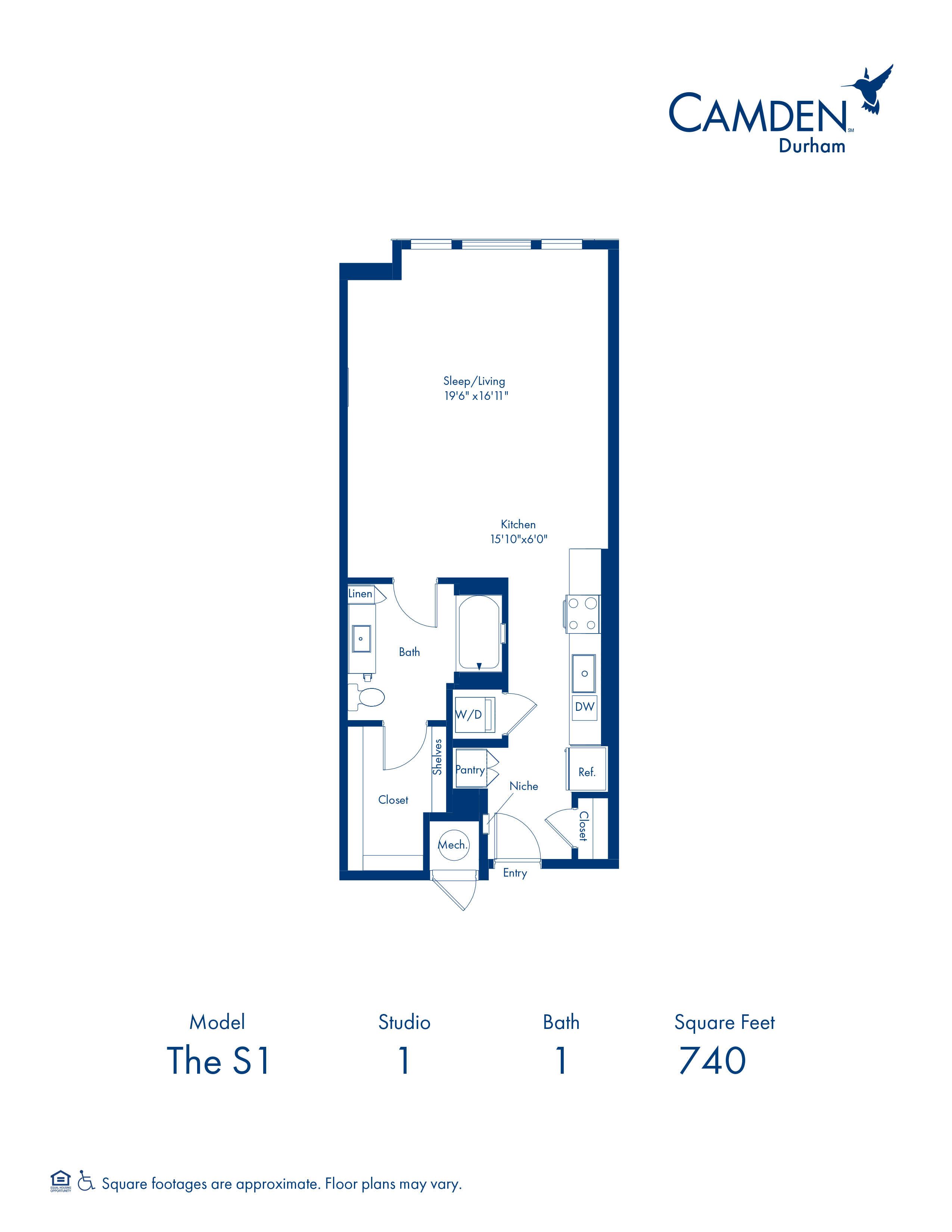 S1 Studio Floor Plan with 1 Bathroom at Camden Durham in Durham, NC