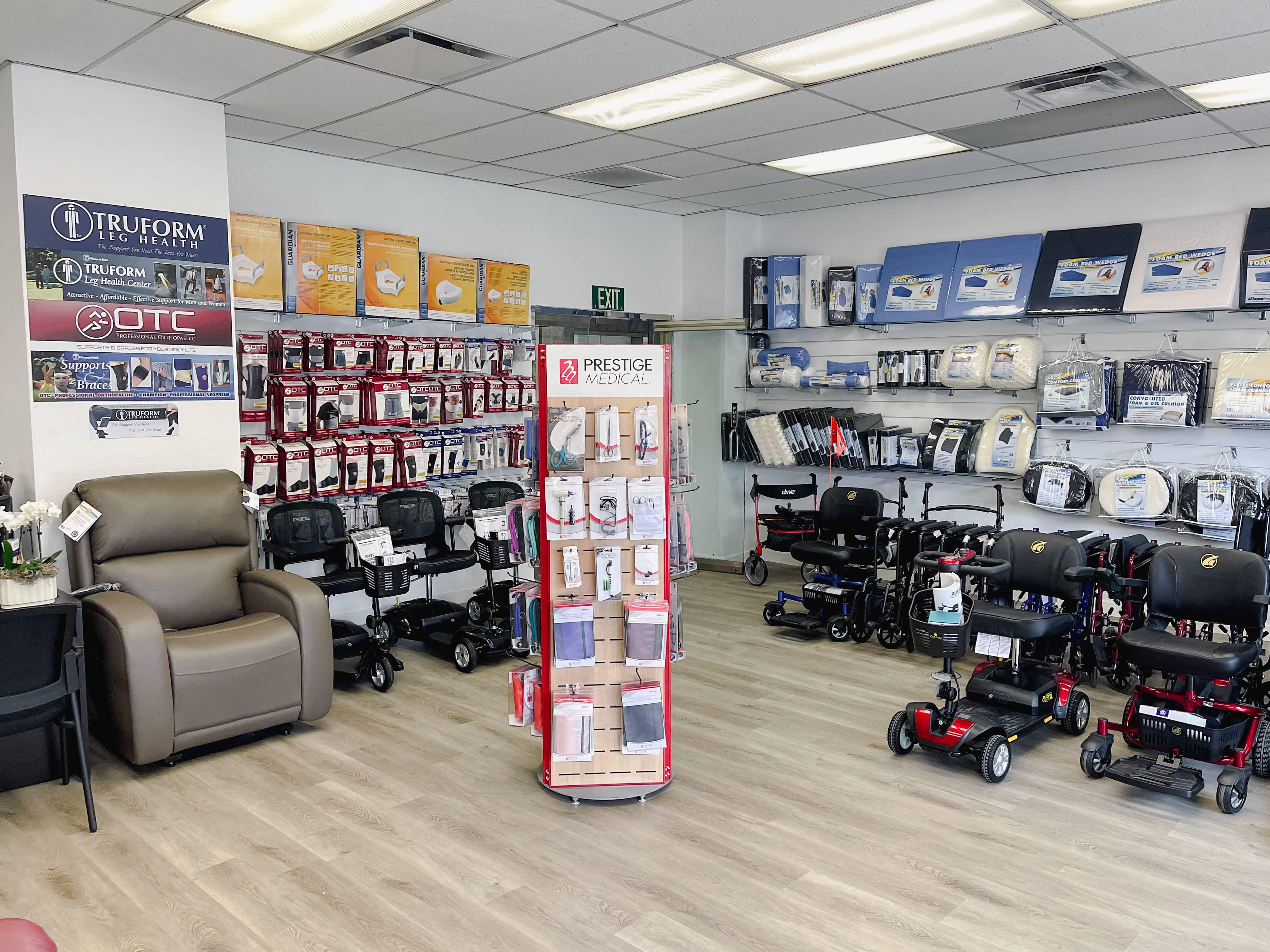 Prestige Medical products on display case in center of store floor