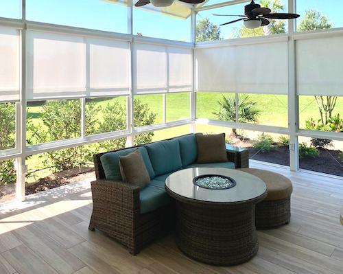 Imagine hosting summer gatherings around this beautiful fire pit, like we installed in this lovely Hilton Head Island home! These solar shades add ample privacy to this patio, while adding a clean, airy feel. Schedule a FREE in-home consultation to find the perfect outdoor window treatment in time f