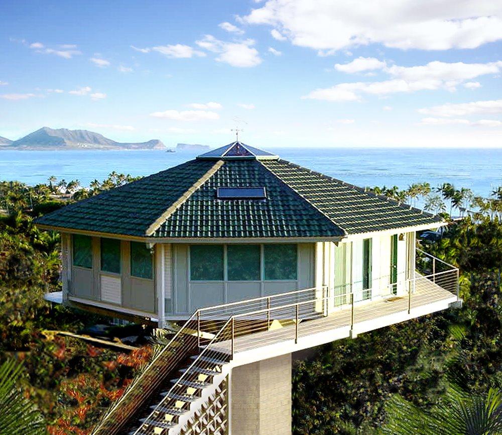 Built on a steep mountainside in Hawaii, this low-maintenance, seismic-resistant home was designed to provide extraordinary panoramic views of the Pacific Ocean.