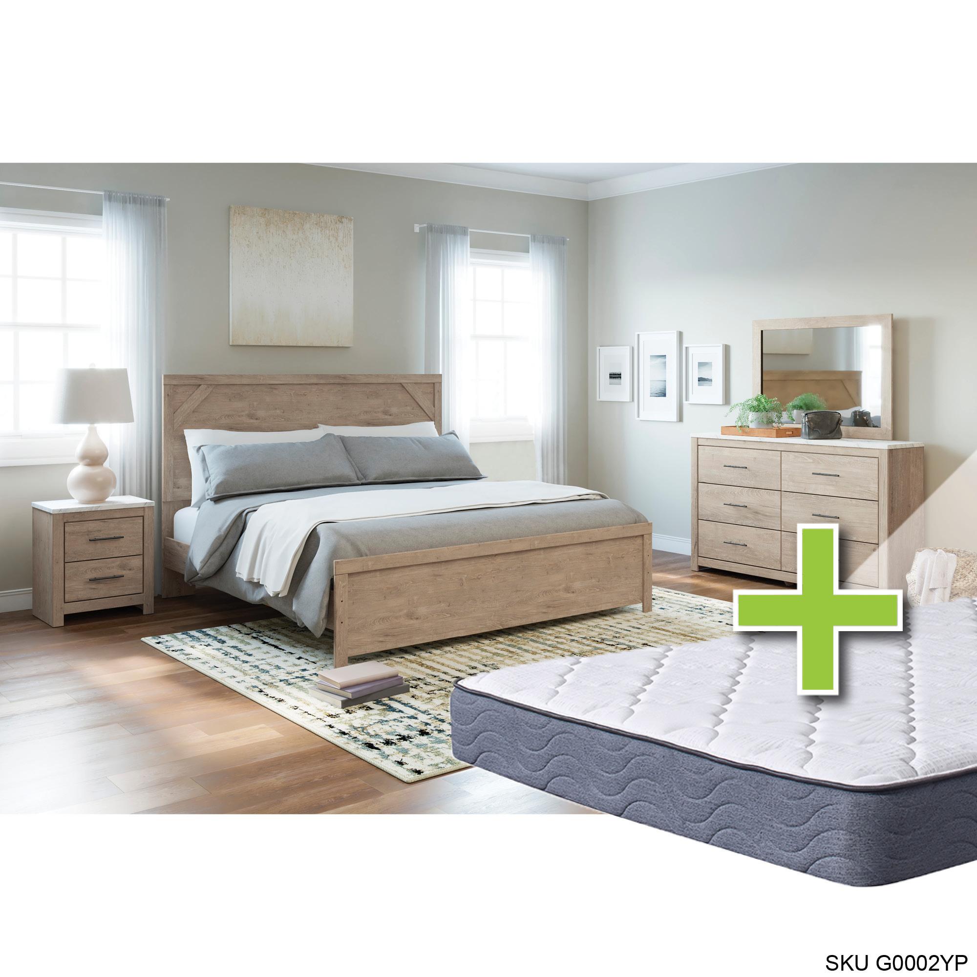 Queen Senniberg Bed w/9.5" Tight Top Extra Firm Memory Foam Mattress & Dresser, Mirror, Nightstand