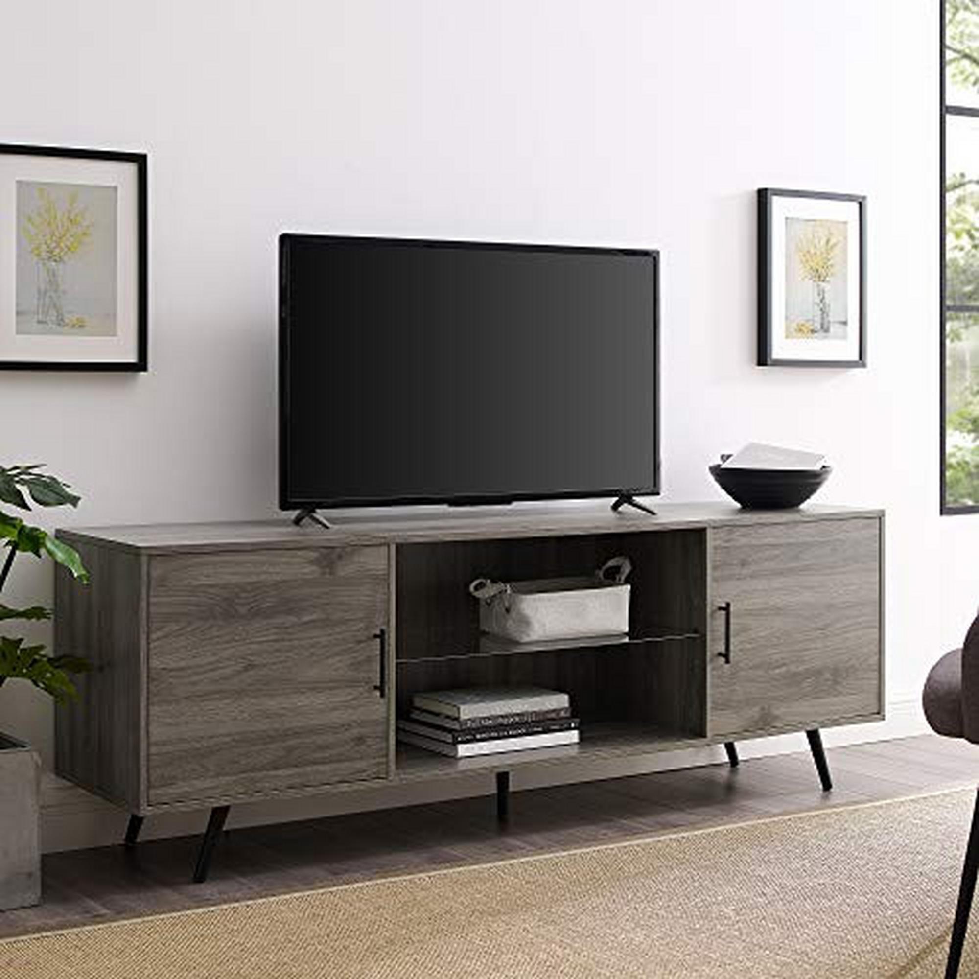 Walker Edison Saxon Mid Century Modern 2 Door Glass Shelf TV Stand for TVs up to 80 Inches, 70 Inch,