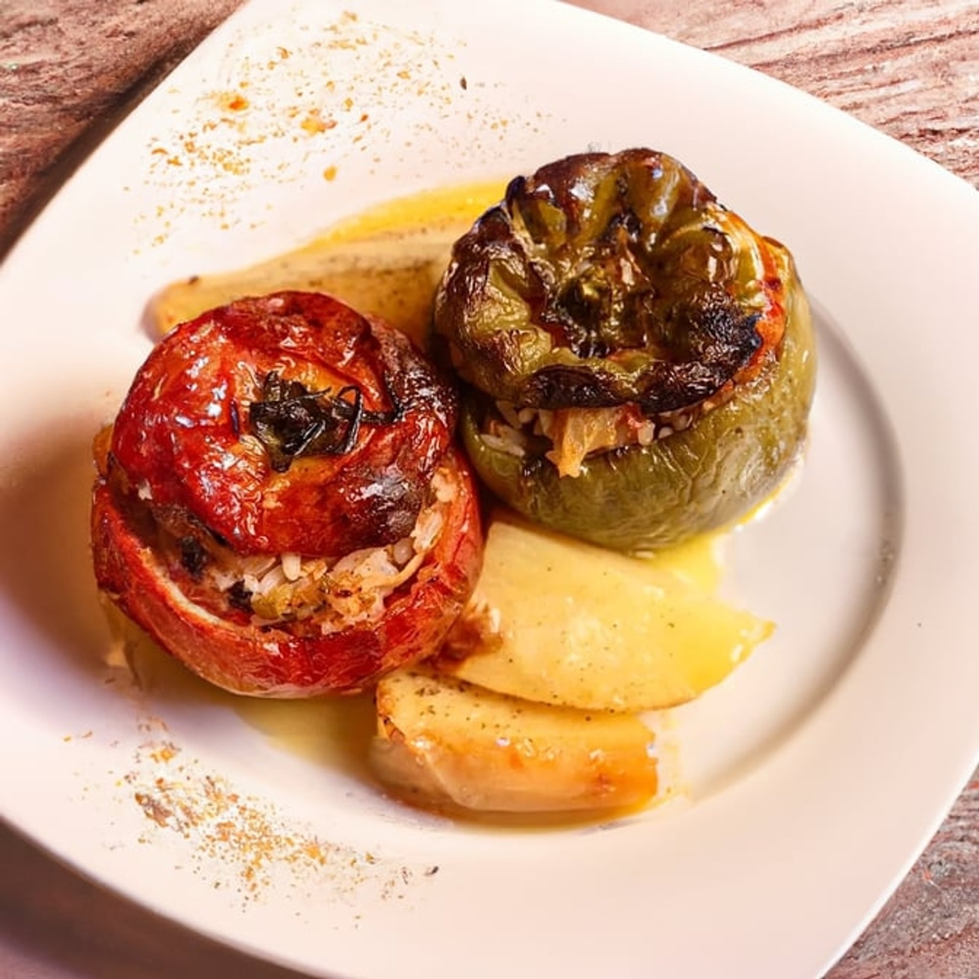 Gemista (Stuffed Pepper and Tomato with Rice and Ground Beef)