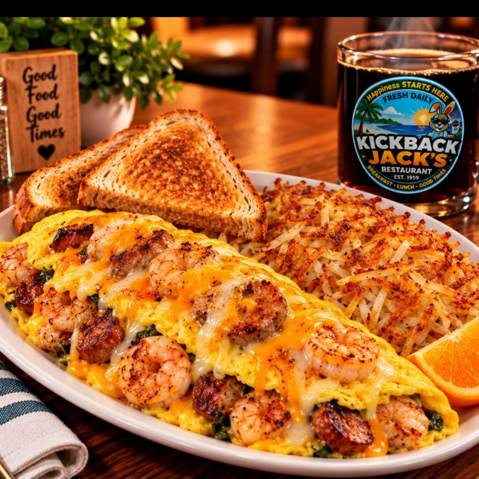 Baja Shrimp and Chicken Apple Sausage Omelette