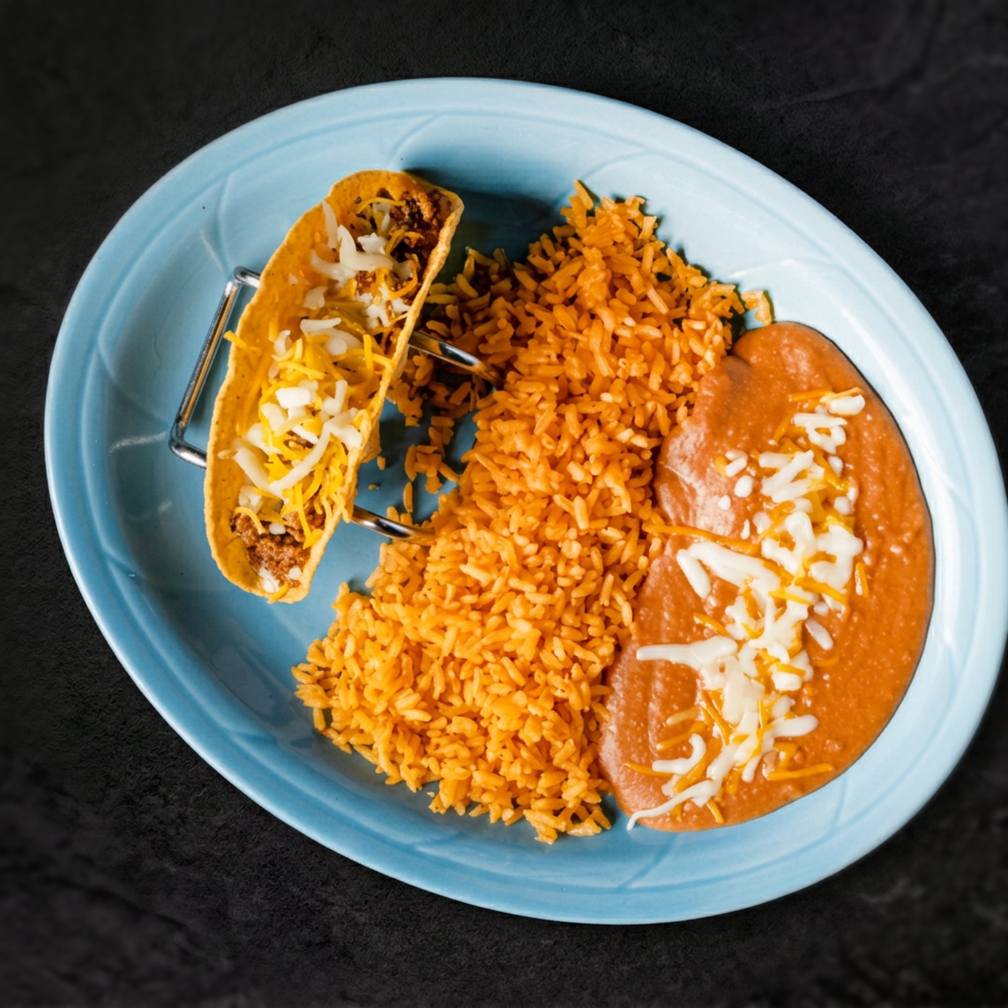 One Beef Taco, Rice & Beans