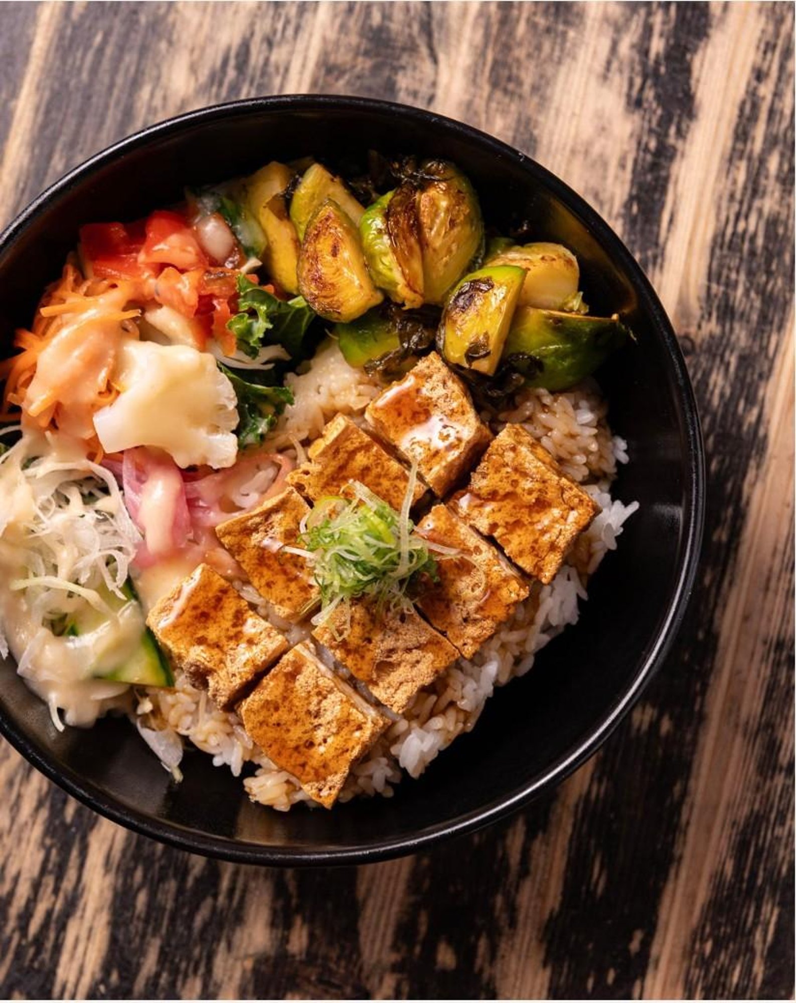 Tofu Brussels Sprout Rice Bowl