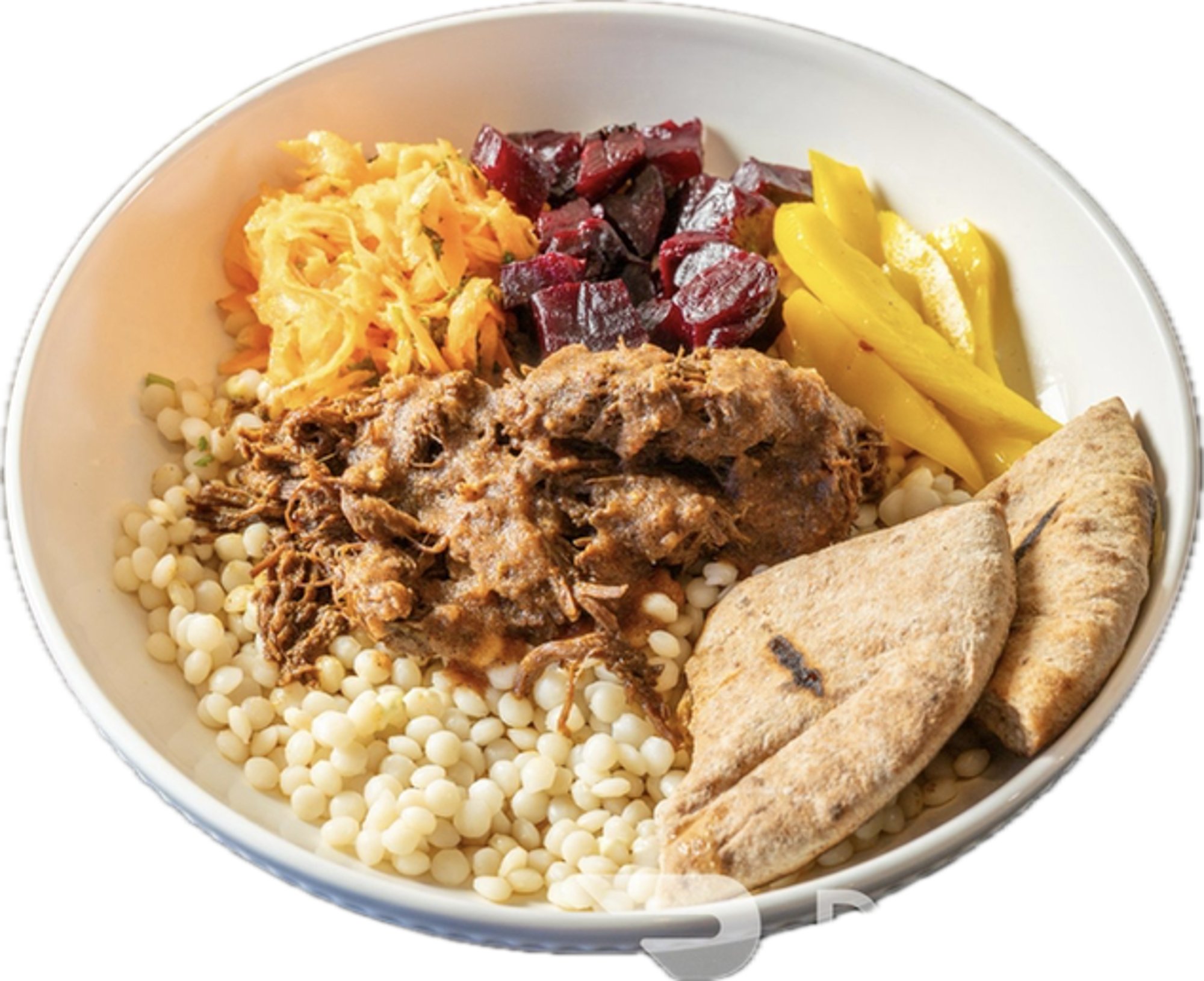 Ma Bett's Ropa Vieja Brisket Bowl, Pickled Mango, Carrot Salad, Roasted Beets, Roasted Tomato Sal...