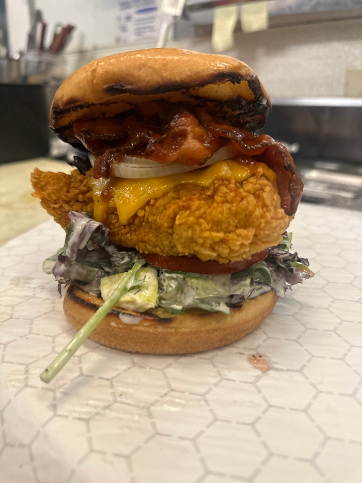 BBQ Bacon Cheddar Fried Chicken Sandwich
