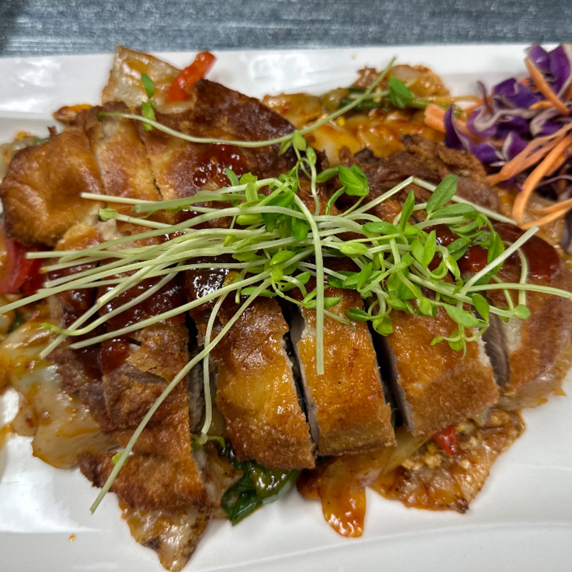 Crispy Duck or Soft Shell Crab Over Drunken Noodles