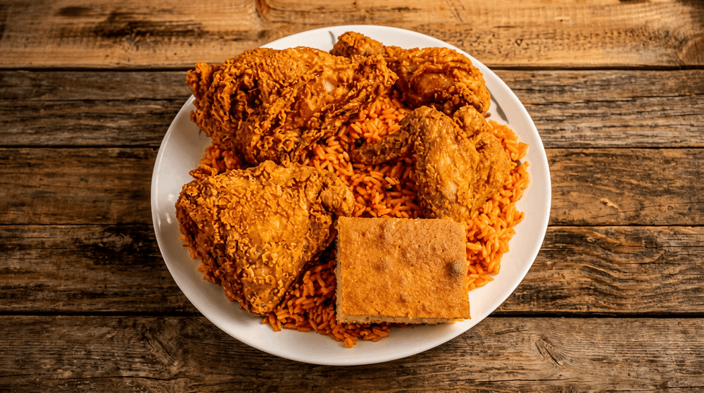 #4: 4pc Chicken, Spanish Rice, Soda & Cornbread