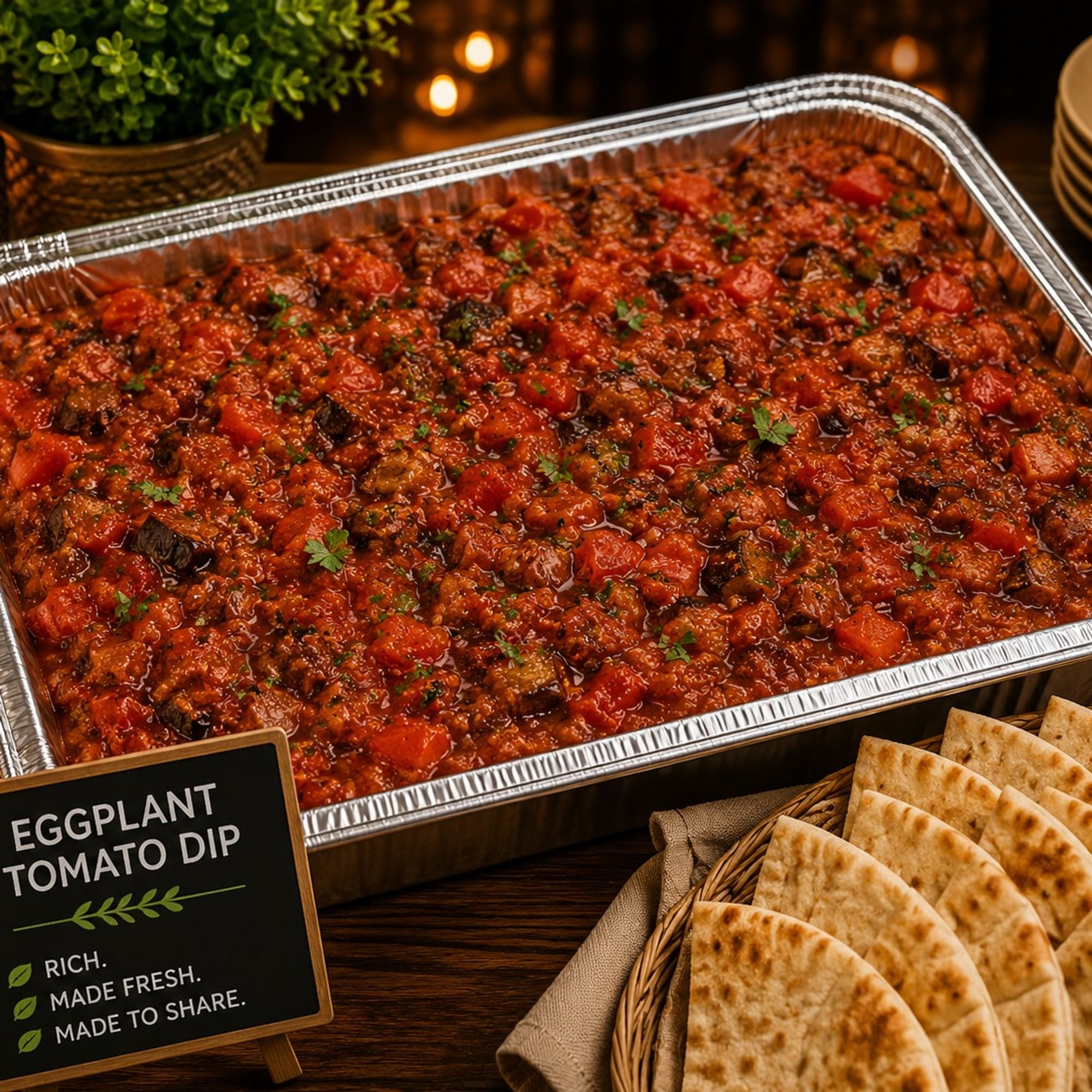 Eggplant Tomato Dip Half Tray Shallow + Bread