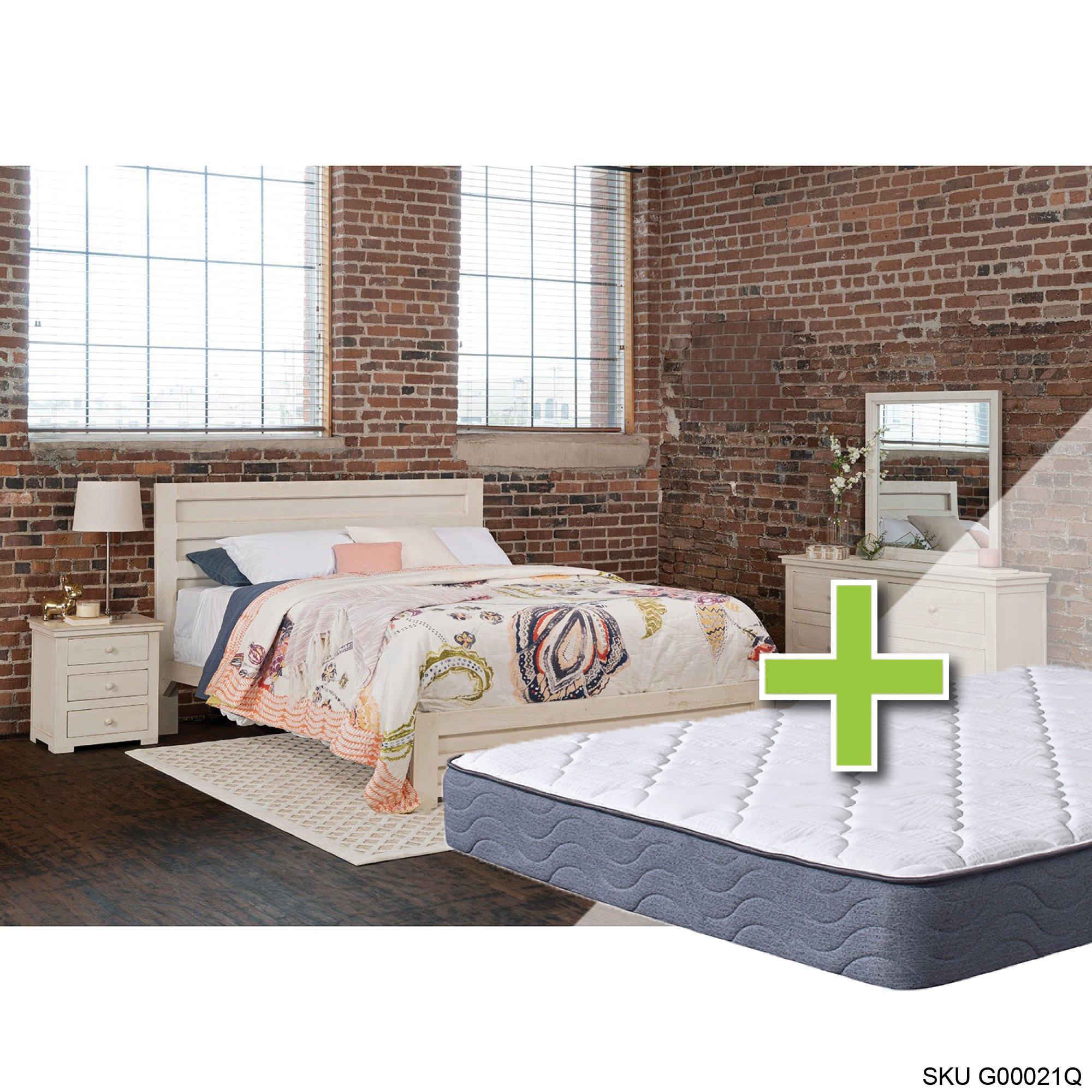 Queen Lorelei Bed w/9.5" Tight Top Extra Firm Mattress & Dresser, Mirror, Nightstand