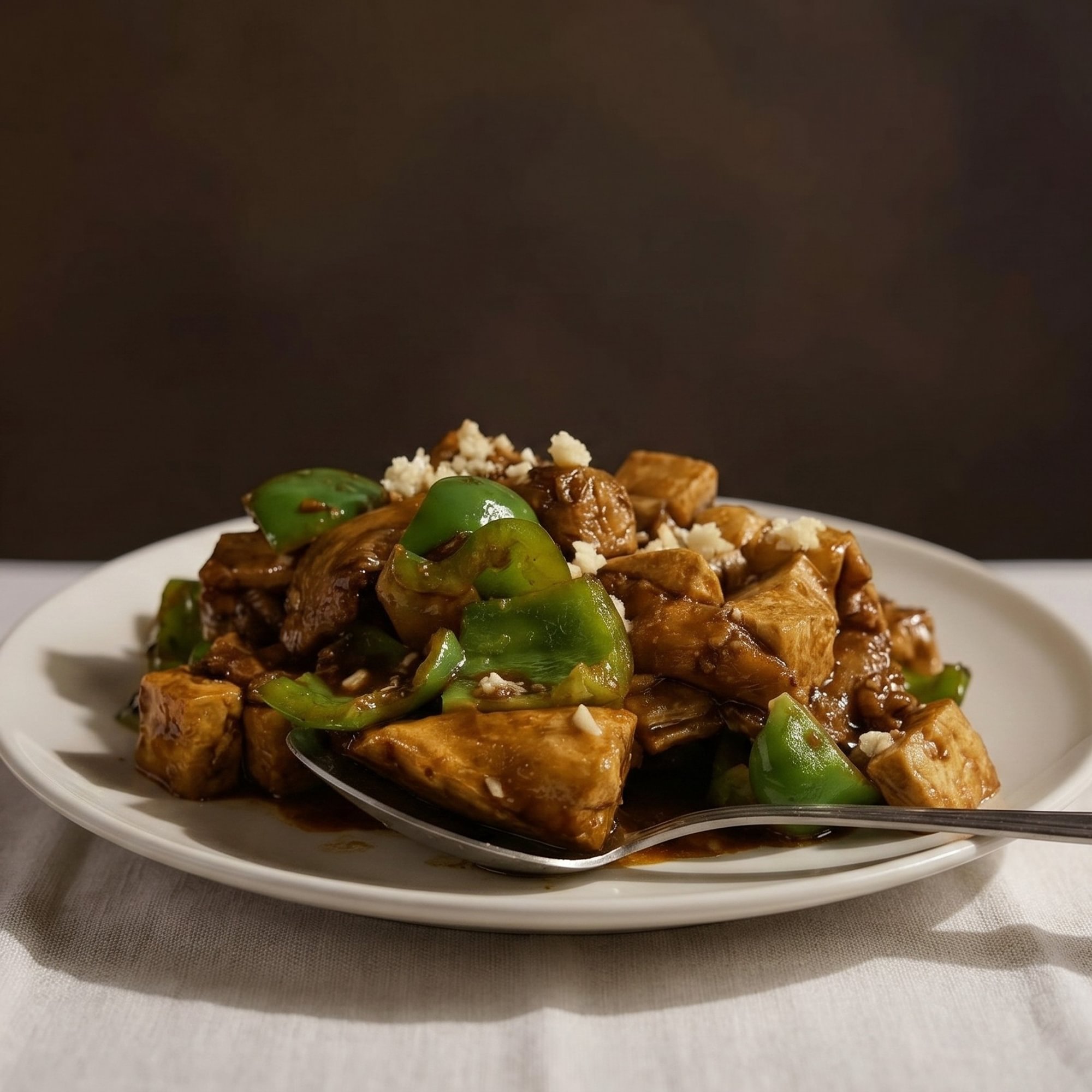 Stir-Fried Green Pepper, Potato, and Eggplant in Brown Sauce / 地三鲜
