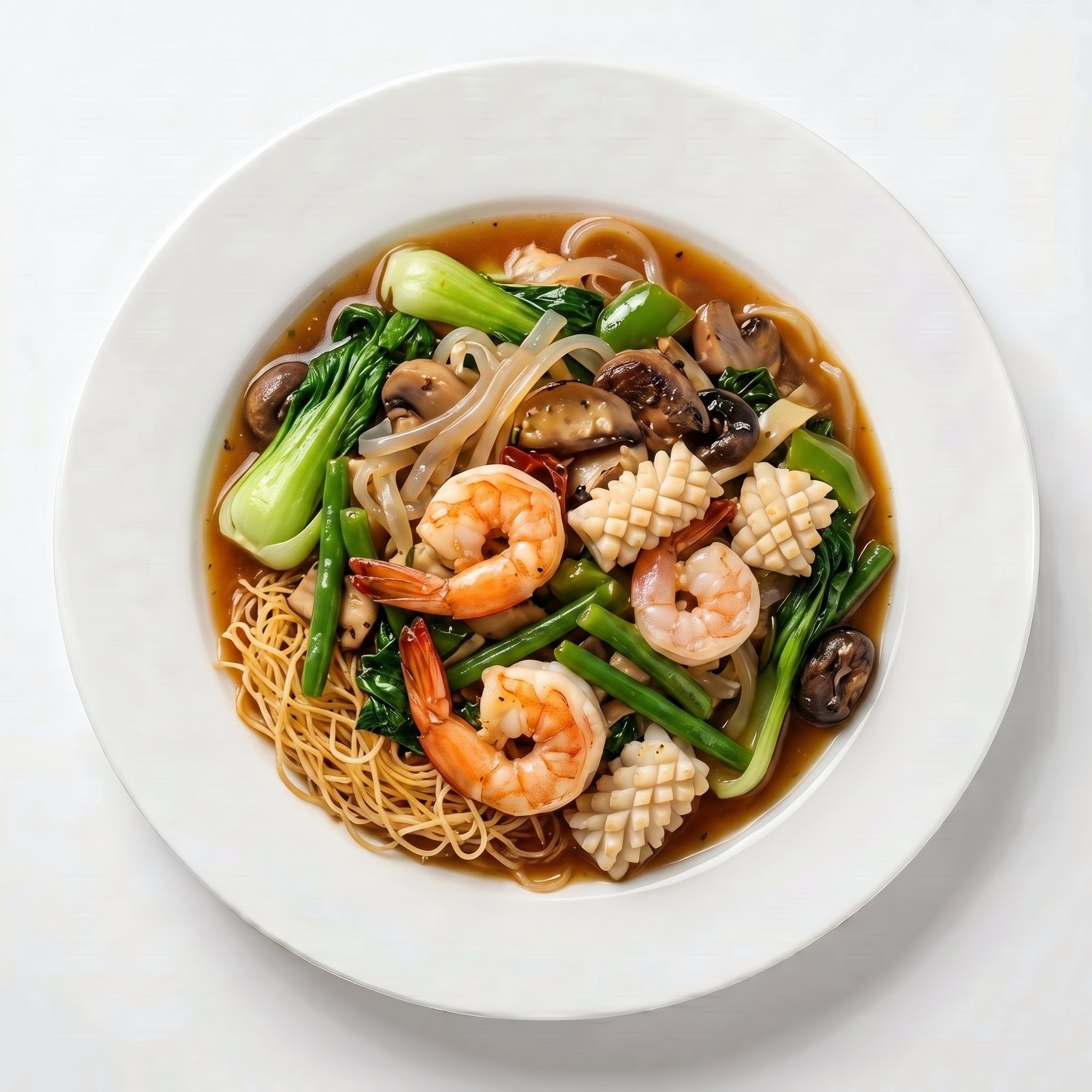 Stir-Fried Shrimp, Calamari, Crab Stick, & Vegetables on Top of Egg Noodles or Rice Noodles