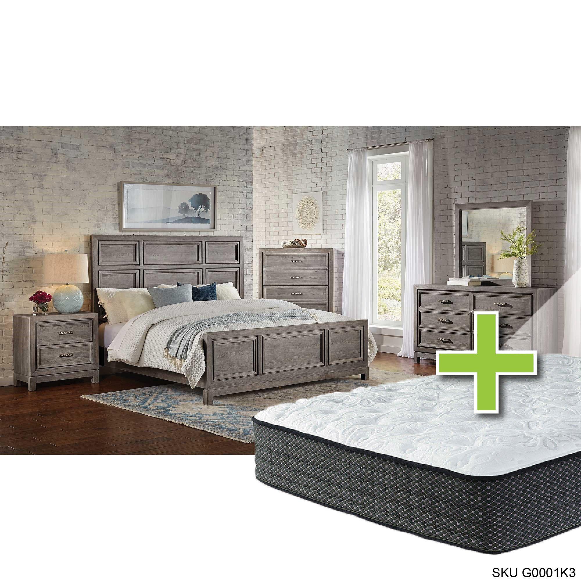 Queen Linton Bed w/Alpine Elite Tight Top Med. Mattress & Dresser, Mirror, Nightstand