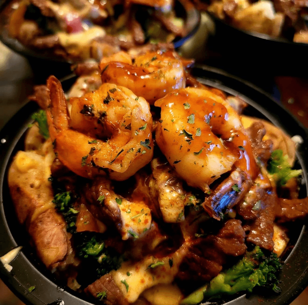 “Bobby Brown” Steak & Shrimp Stir-Fry Loaded Potato