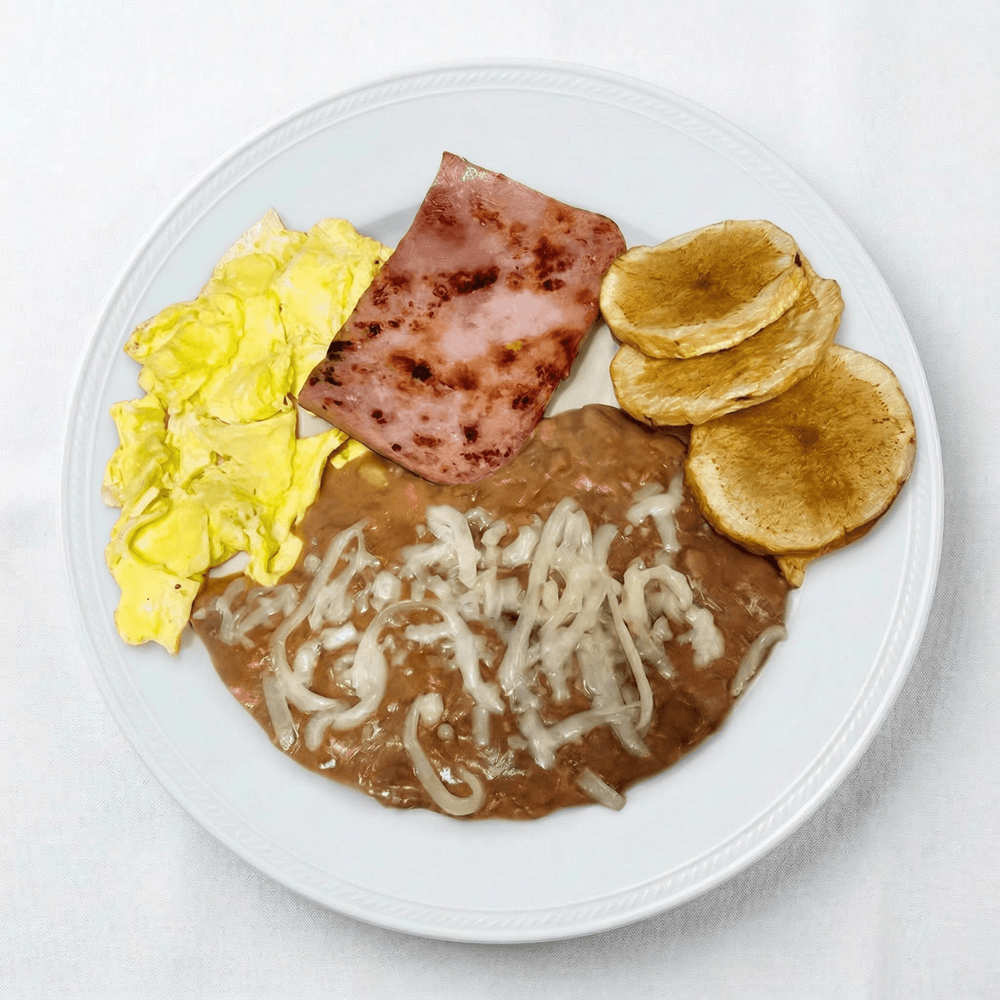 Huevo Con Jamón, Frijoles and Papitas