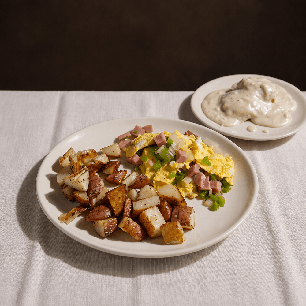 Two Scrambled Eggs Loaded with Ham, Onion & Bell Peppers