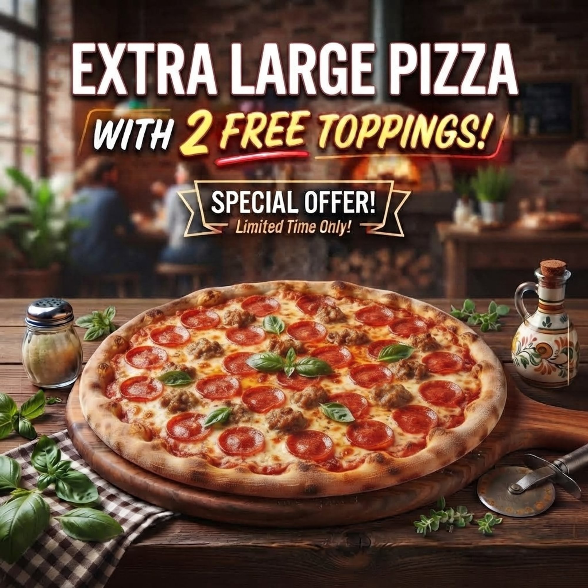 Extra Large Pizza with 2 FREE toppings