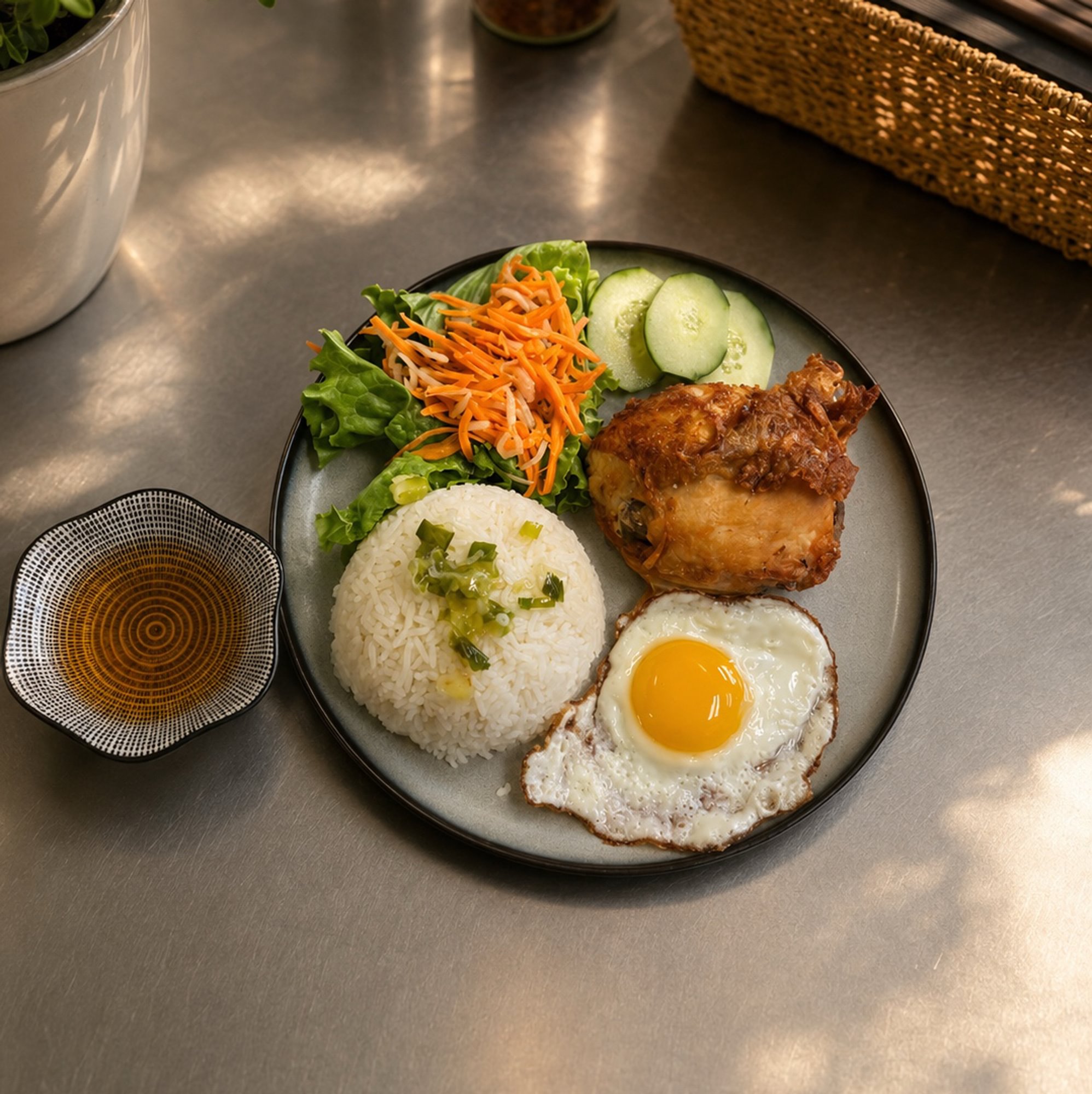 Fried Chicken With Sunny Egg Rice Plate