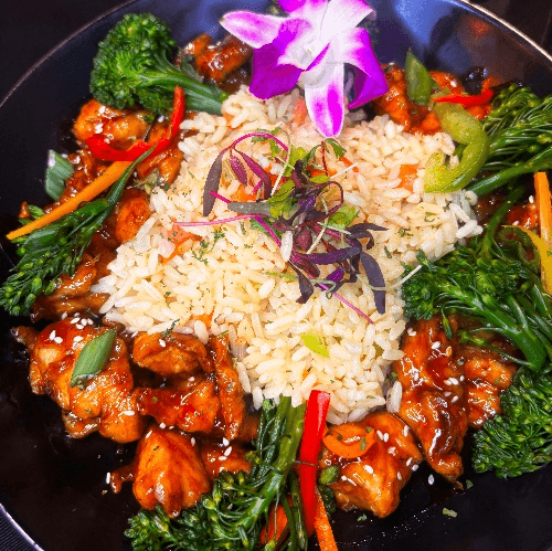 Bourbon-Glazed Chicken with Broccolini and Garden Vegetables Bowl