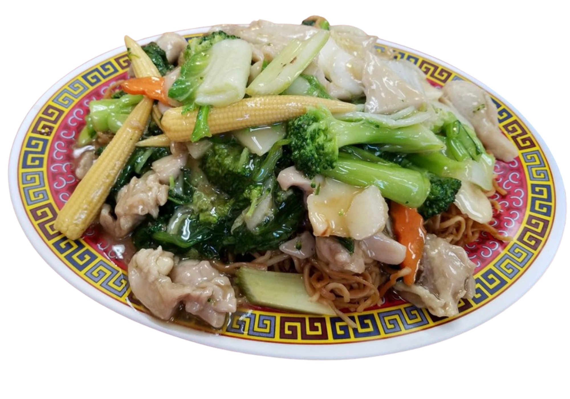 Boneless Chicken vegetable on cake noodle