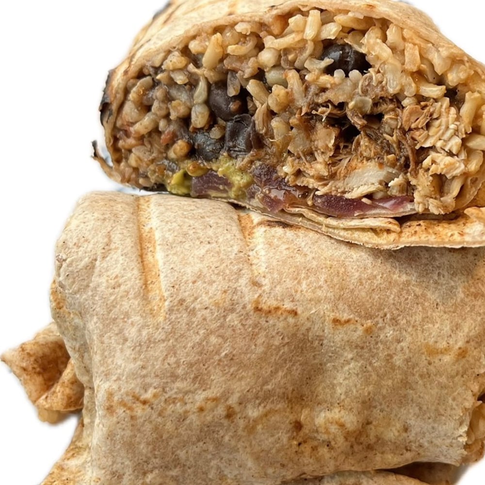 Ma Bett's Ropa Vieja Brisket Burrito, Mexican Brown Rice, Black Beans, Roasted Tomato Salsa, Zhug...