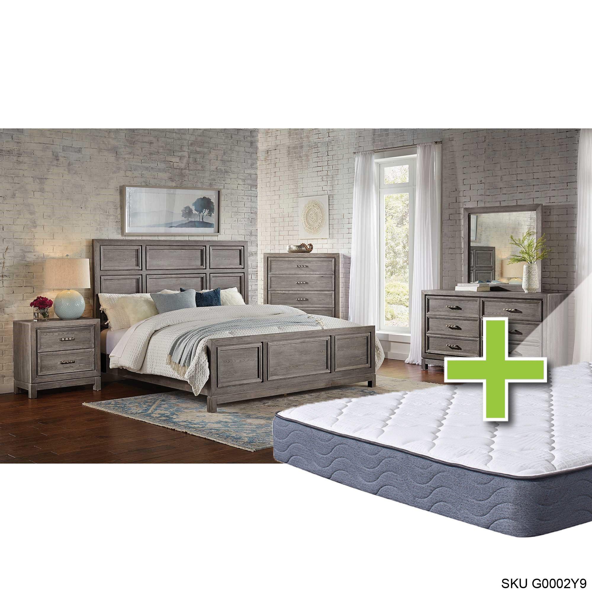 Queen Linton Bed w/9.5" Tight Top Extra Firm Memory Foam Mattress & Dresser, Mirror, Nightstand