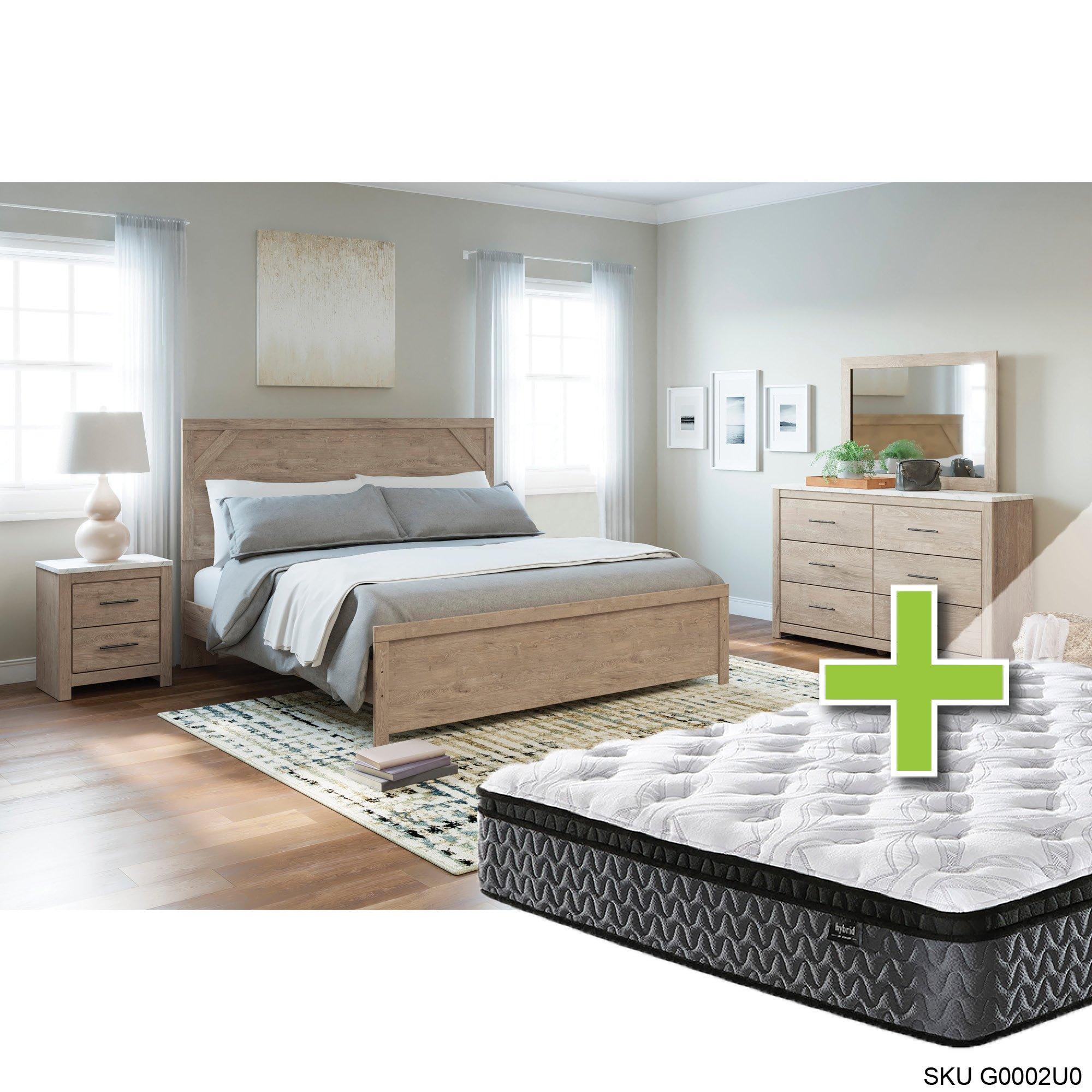 Queen Senniberg Bed w/12" Highland Premium Pillow Top Plush Memory Foam Mattress & Dresser, Mirror, 