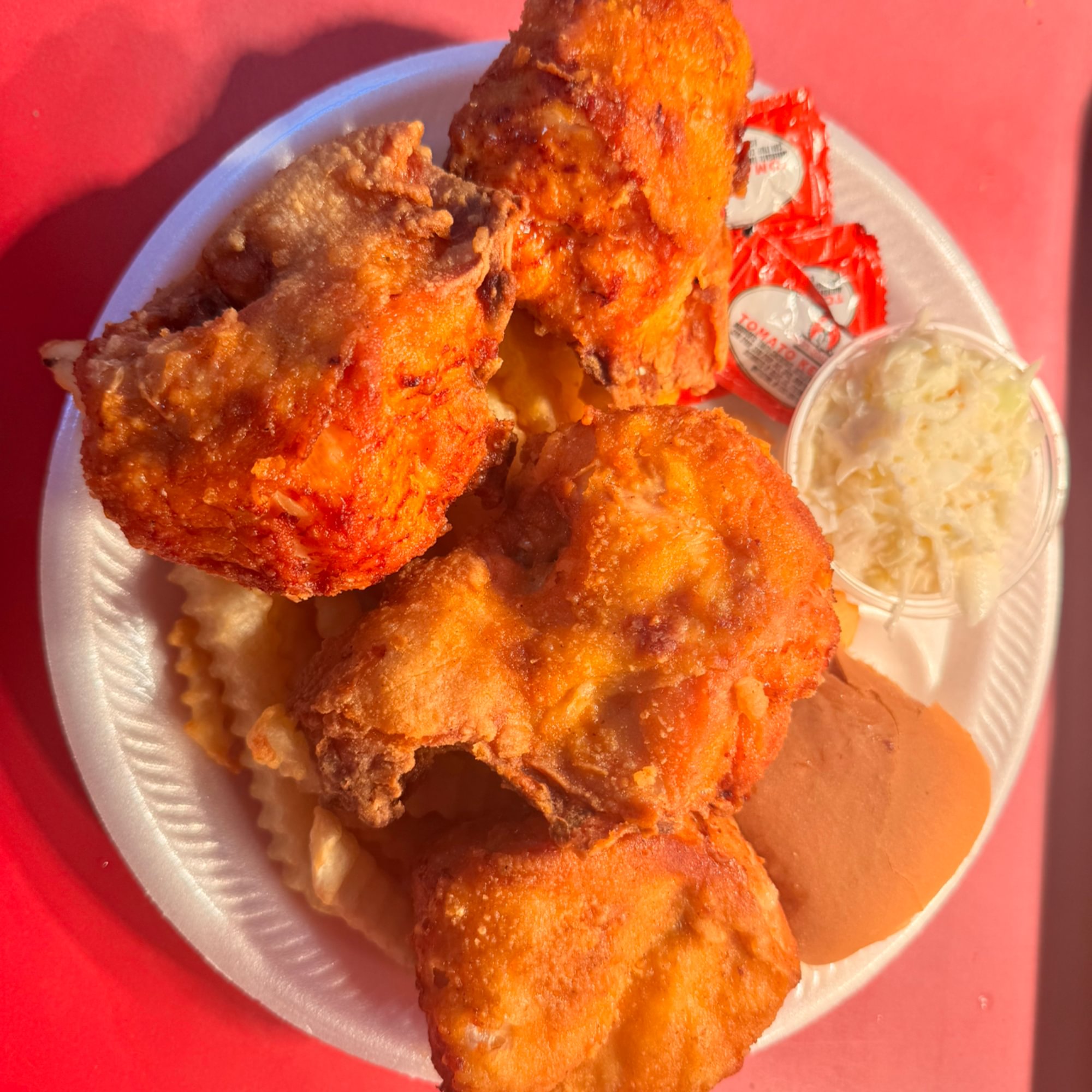 4 PC 3 Breast, 1 Pully Dinner Includes Fries, slaw & Roll